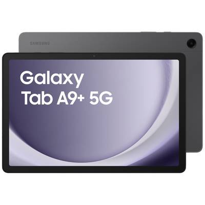 Samsung Galaxy Tab A9+ 5G tablet s černým tělem, který zobrazuje nápis 'Galaxy Tab A9+ 5G' na obrazovce.