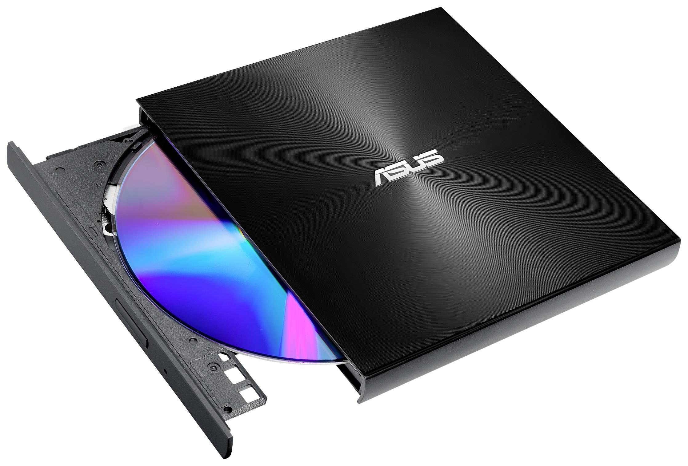 Černá externí DVD mechanika ASUS s otevřenou zásuvkou a viditelným diskem DVD.