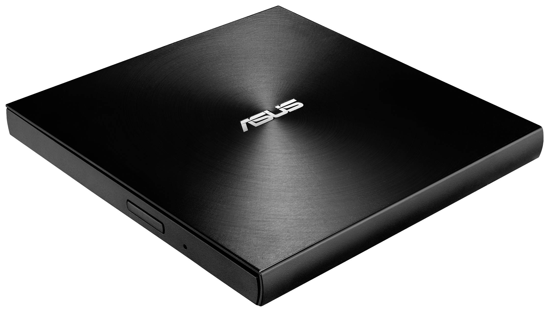 Tenký externí DVD vypalovačka ASUS v černém, kartáčovaném kovovém designu.