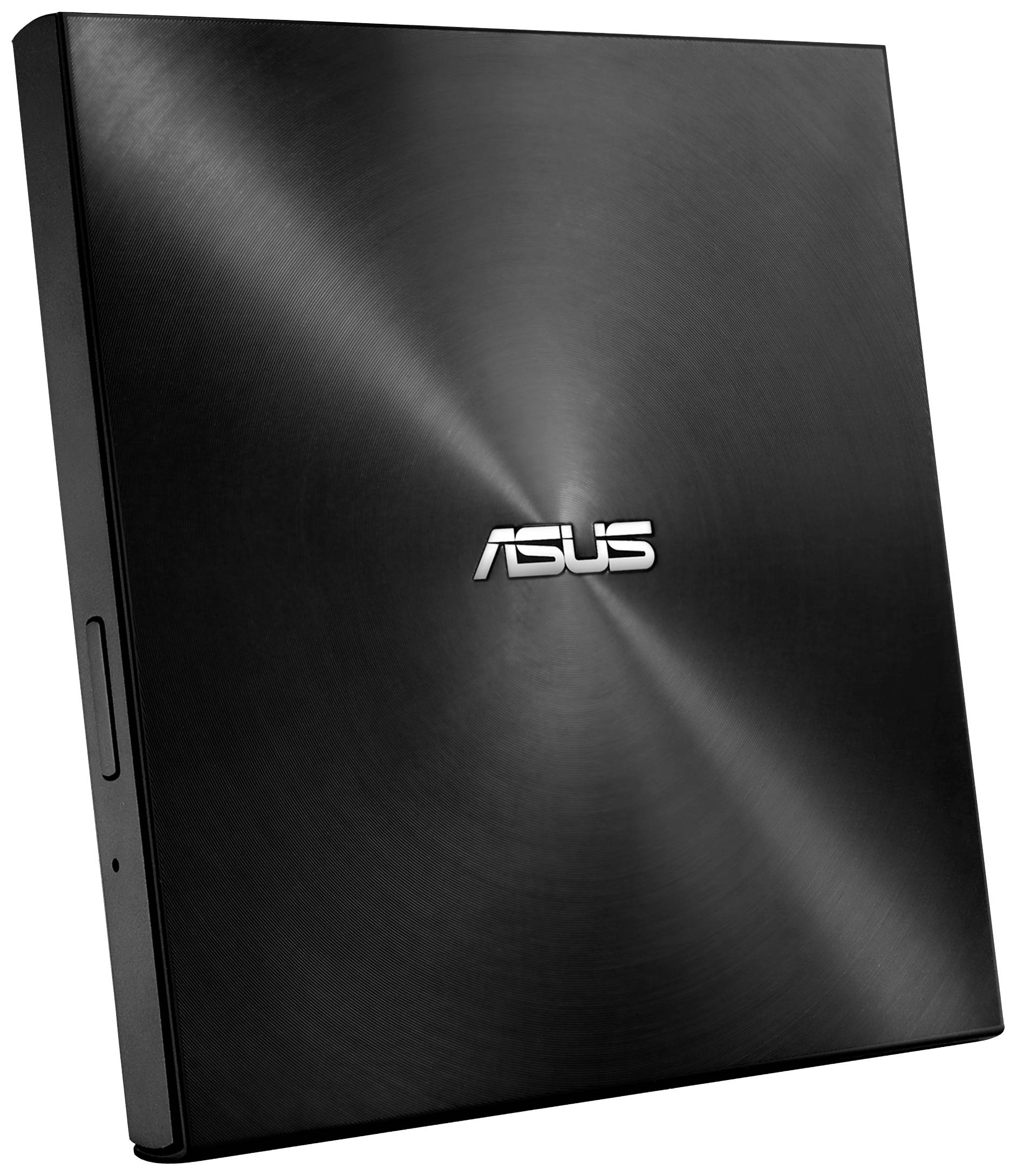Externí DVD vypalovačka ASUS v černém, štíhlém designu. Logo ASUS je umístěno centrálně na přední straně.