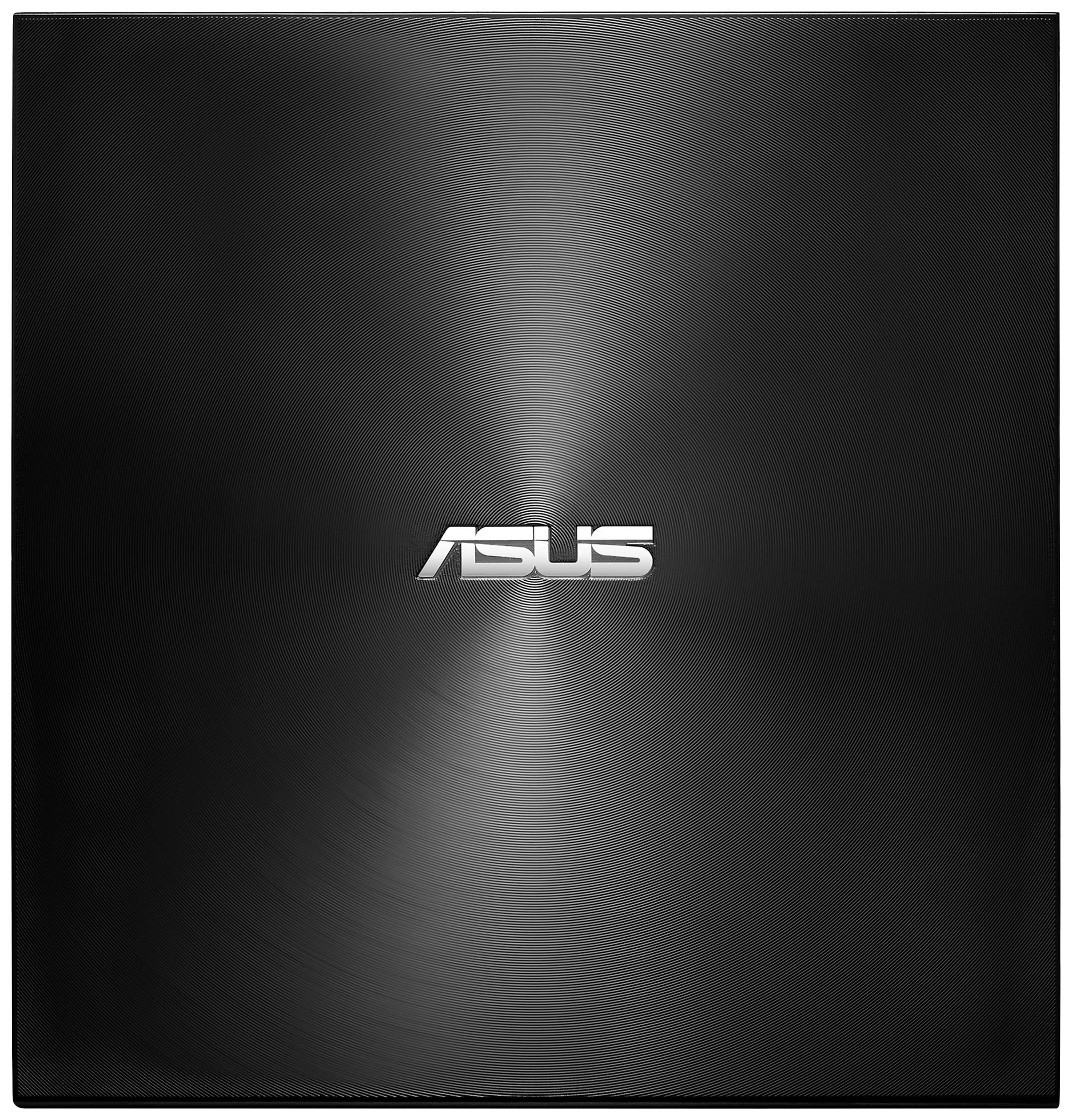 Černý kryt notebooku s stříbrným logem 'ASUS' uprostřed. Lesklý, radiálně kartáčovaný povrch.
