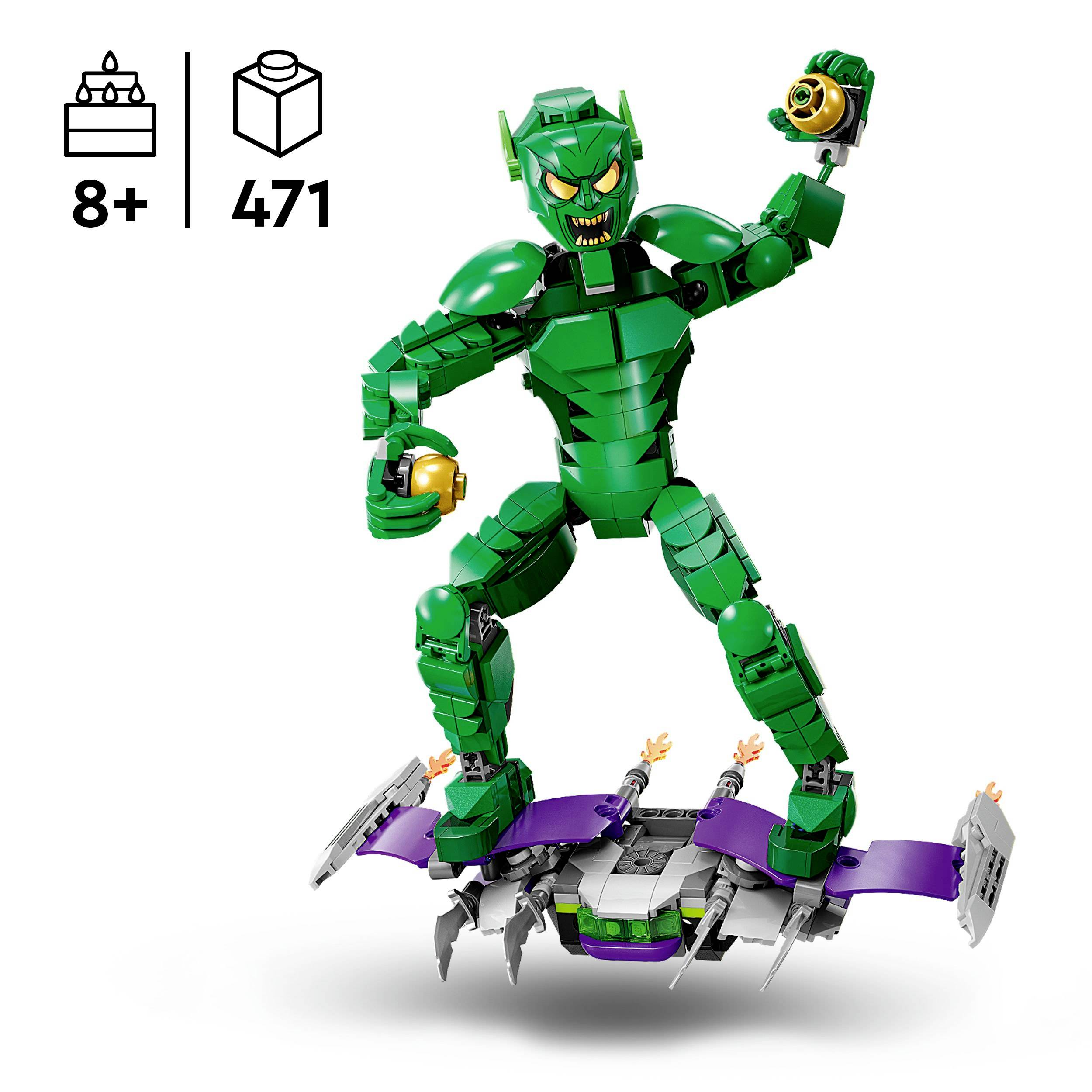 Zelená robotická postava složená z kostek drží zlatou kouli. Nad ní jsou symboly zobrazující minimální věk 8+ a počet 471 dílků.