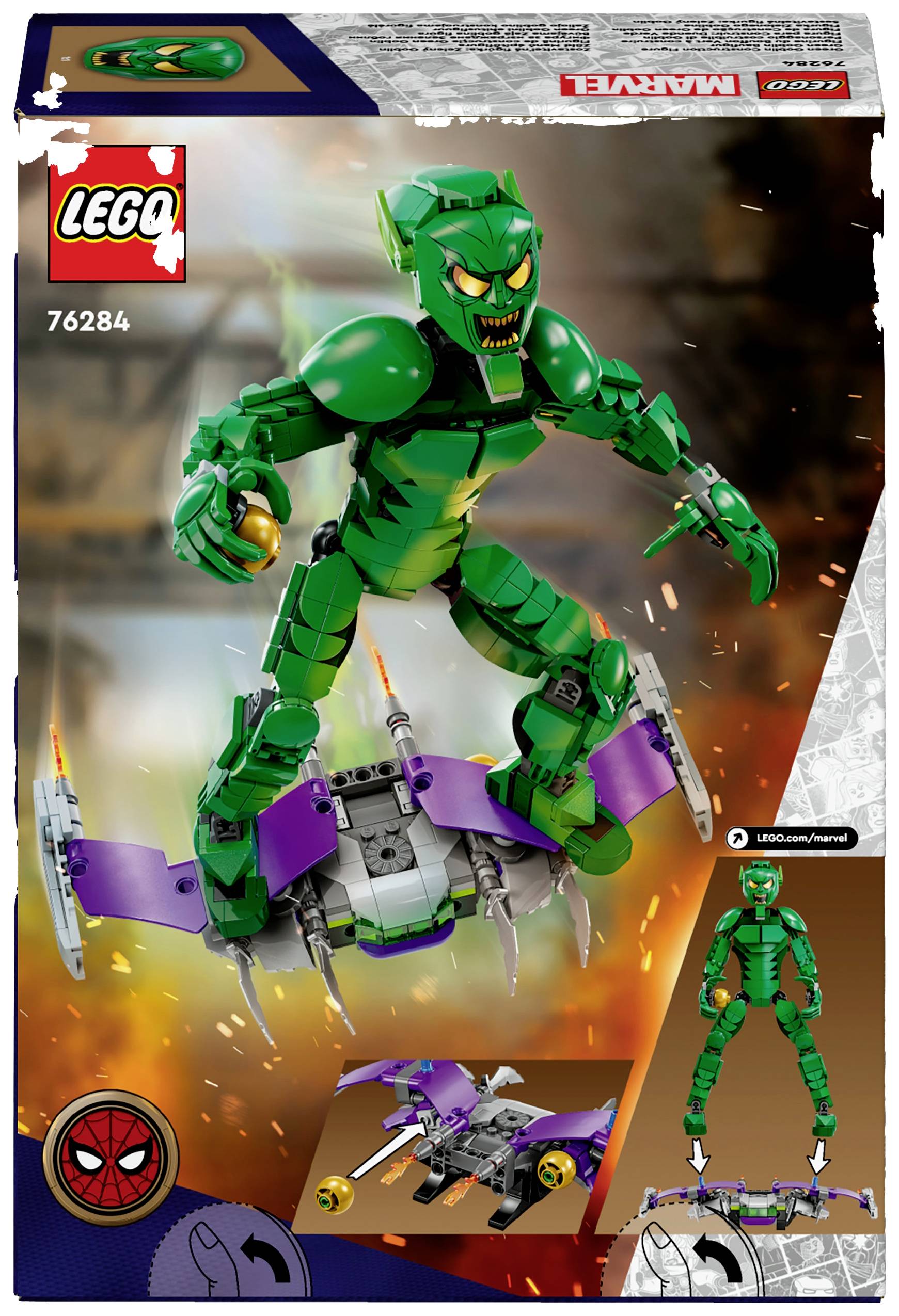Figurka LEGO v zelené barvě představuje postavu v mohutné zbroji s drsným výrazem obličeje, stojící na vznášející se desce. V pozadí je vidět oheň a kouř.