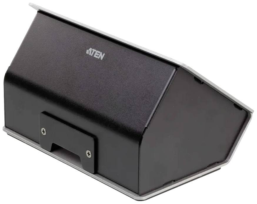 Černá elektronická skříňka lichoběžníkového tvaru s vyznačeným logem 'ATEN', mírně zkosená, stojí na stole.