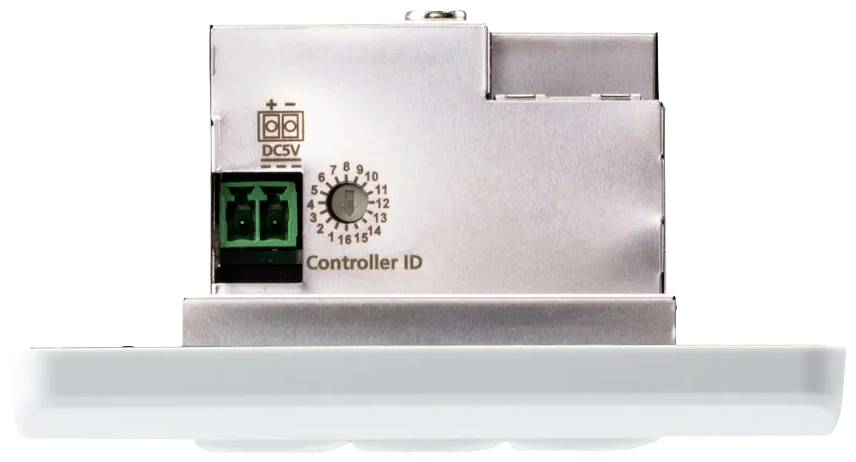 Elektronické zařízení s přepínačem pro volbu ID kontroléru, zeleným vstupním konektorem a označením DC 5V na straně.