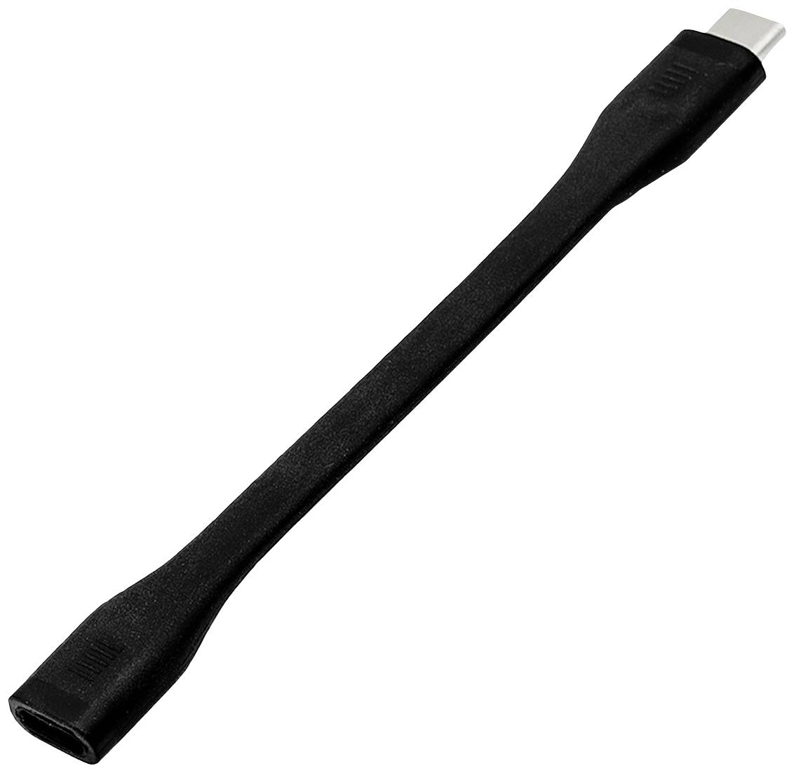 Černý USB-C na USB-C adaptér kabelu s pravoúhlými konektory na obou koncích, vhodný pro přenos dat a nabíjení.