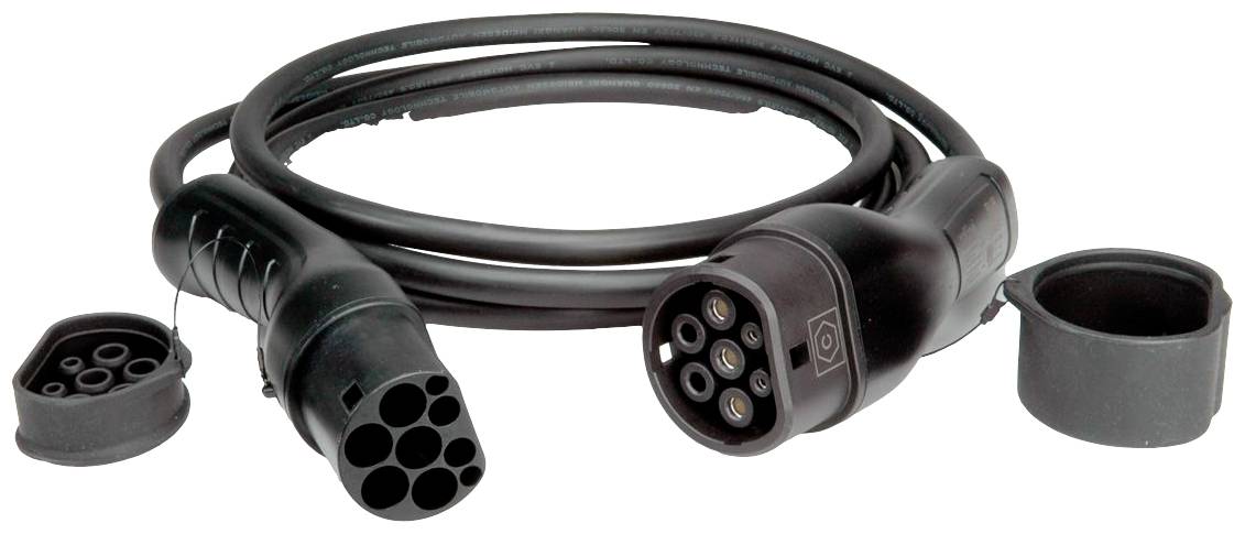 Černý nabíjecí kabel s konektorem pro elektrická vozidla. Vlevo je vidět konektor s pěti otvory, vedle něj ochranná krytka.