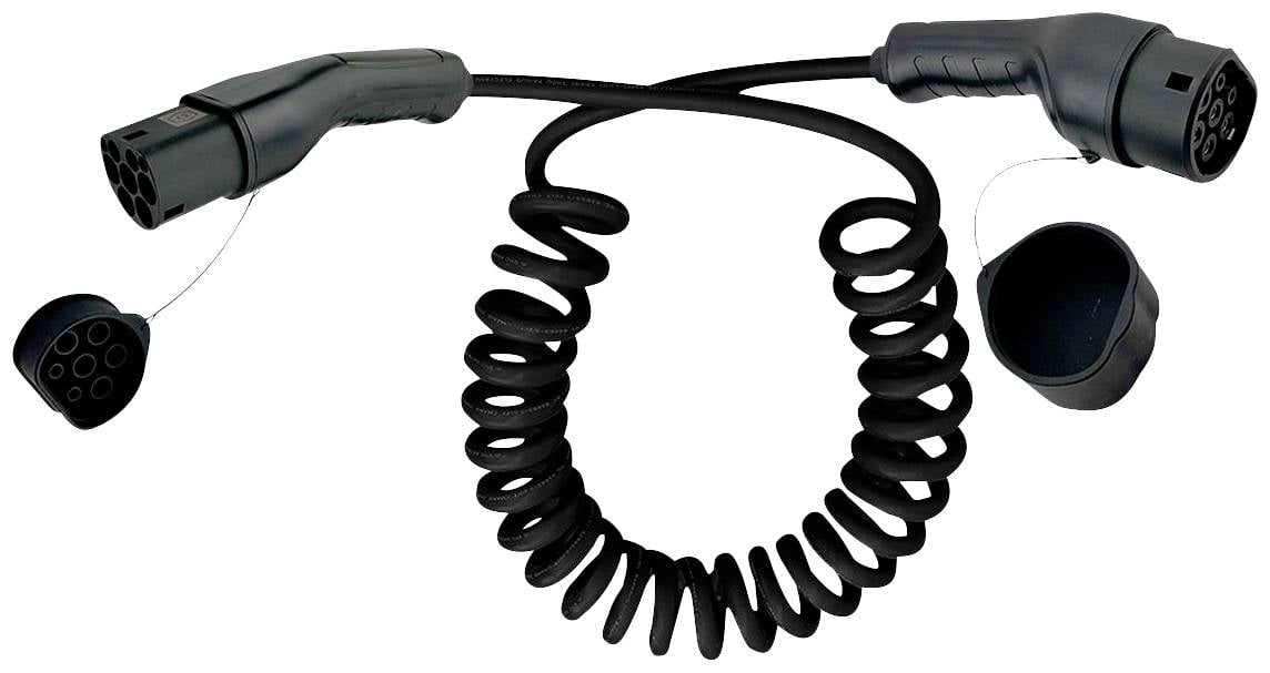 Nabíjecí spirálový kabel pro elektromobily s konektorem Typ-2 na obou koncích, vhodný pro nabíjení na veřejných nabíjecích stanicích.
