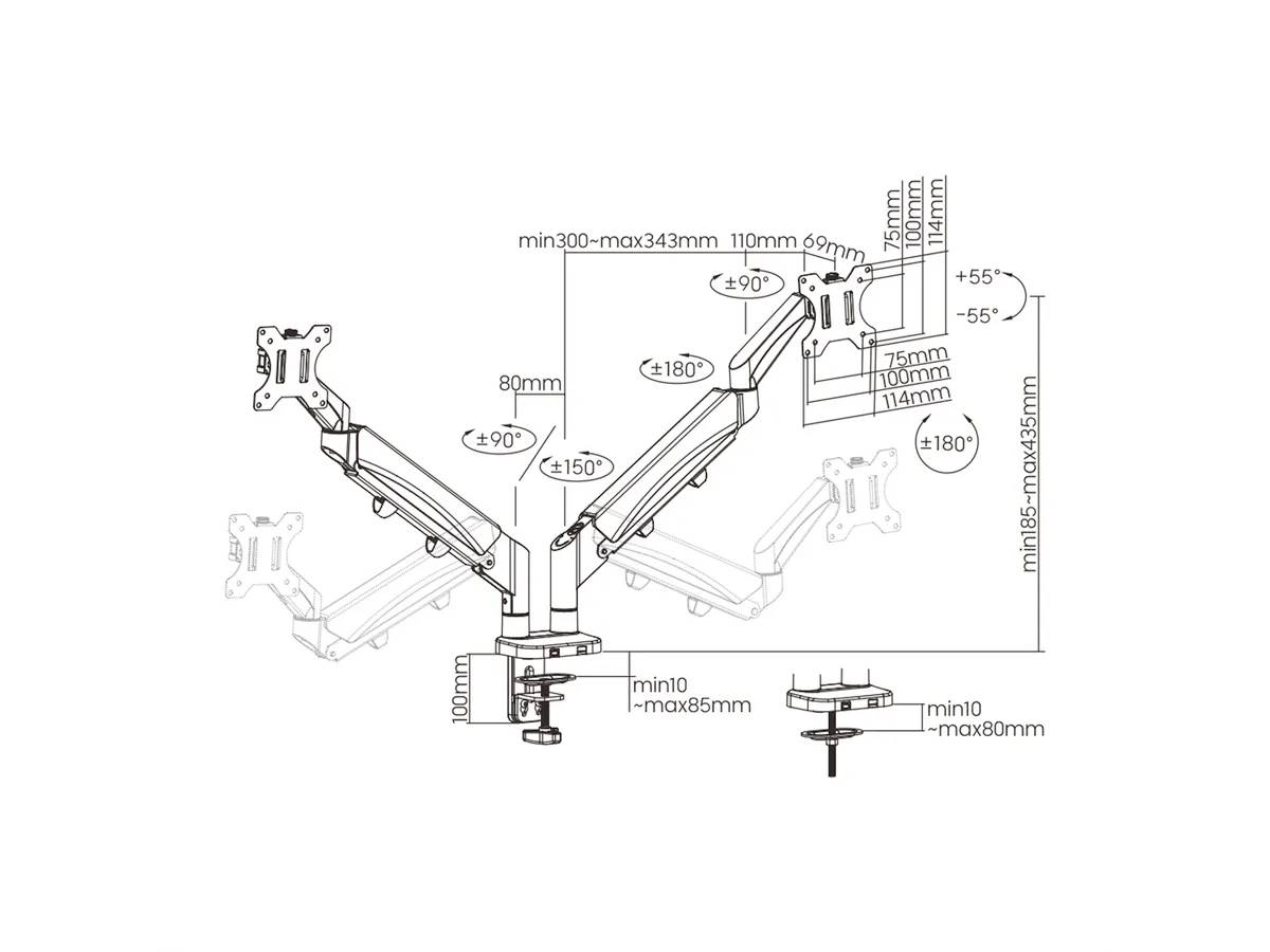 Diagram držáku monitoru ukazuje dvojité ramena, nastavitelnou výšku od 155 do 505 mm, náklon až 55 stupňů a otočení až 180 stupňů.