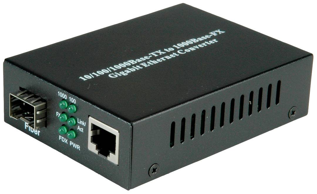 Adaptér pro konverzi gigabitového ethernetového připojení s porty pro optické vlákno a ethernet; podporuje rychlosti až 1000 Mbit/s.