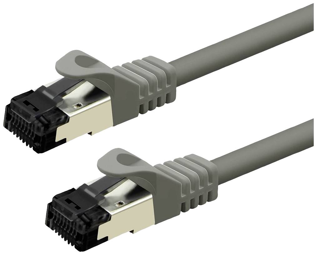 Dva síťové kabely s RJ45 konektory, šedé barvy, v paralelním uspořádání.