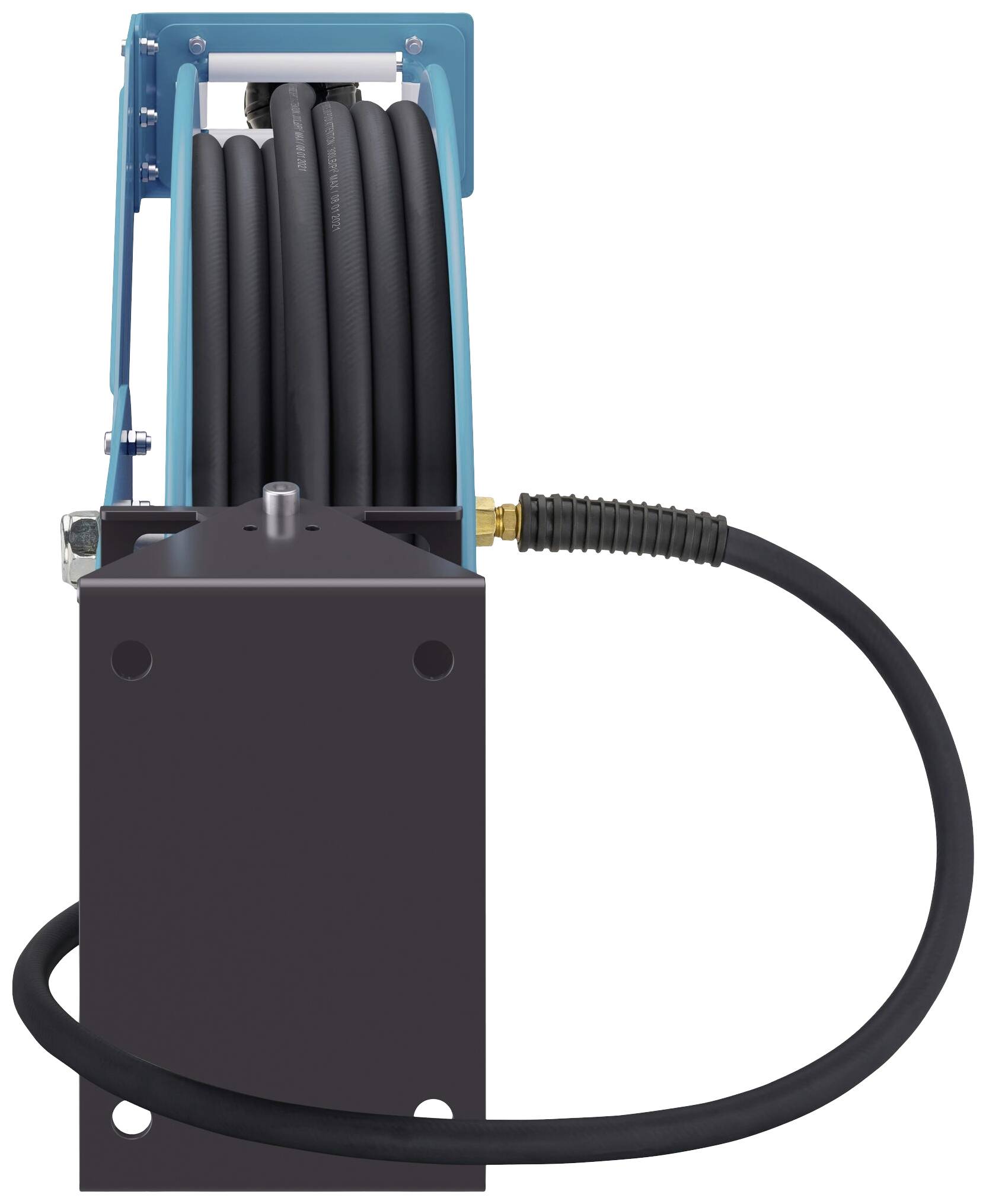 Kabelový buben s černým kabelem, upevněný na modržm držáku. Kabel se odvinuje z mechanismu a visí volně.