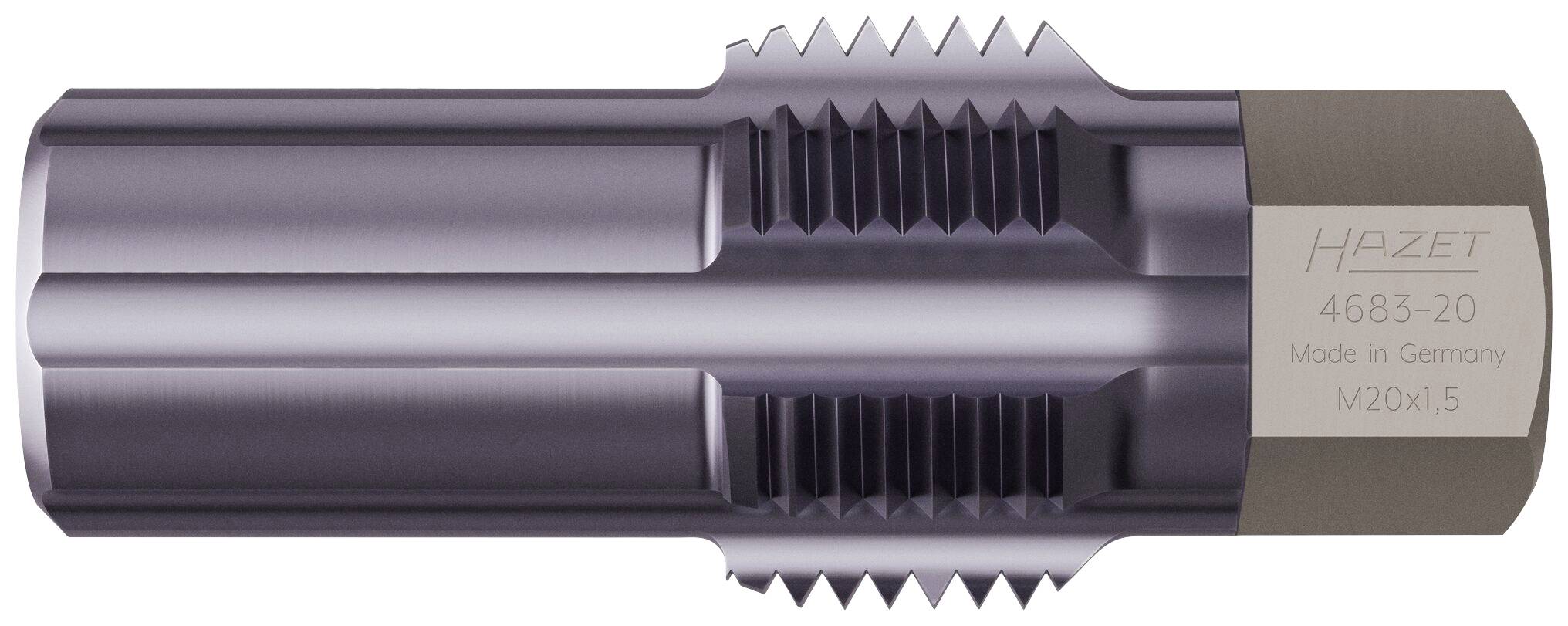 Kovový vytahovák šroubů s nápisem 'Hazet 4683-20, Made in Germany, M20x1.5'. Používá se k odstraňování poškozených šroubů.