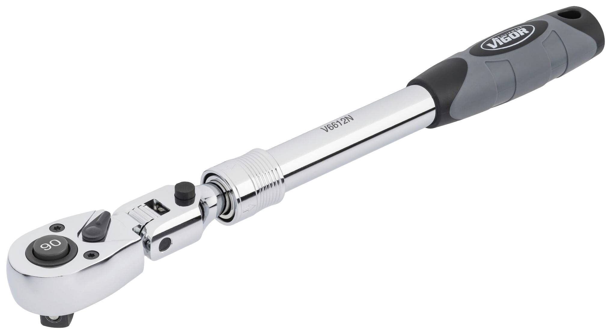 Momentový klíč s černou rukojetí, chromovaným tělem a nastavovacími mechanismy pro kontrolu utahovacího momentu šroubů.