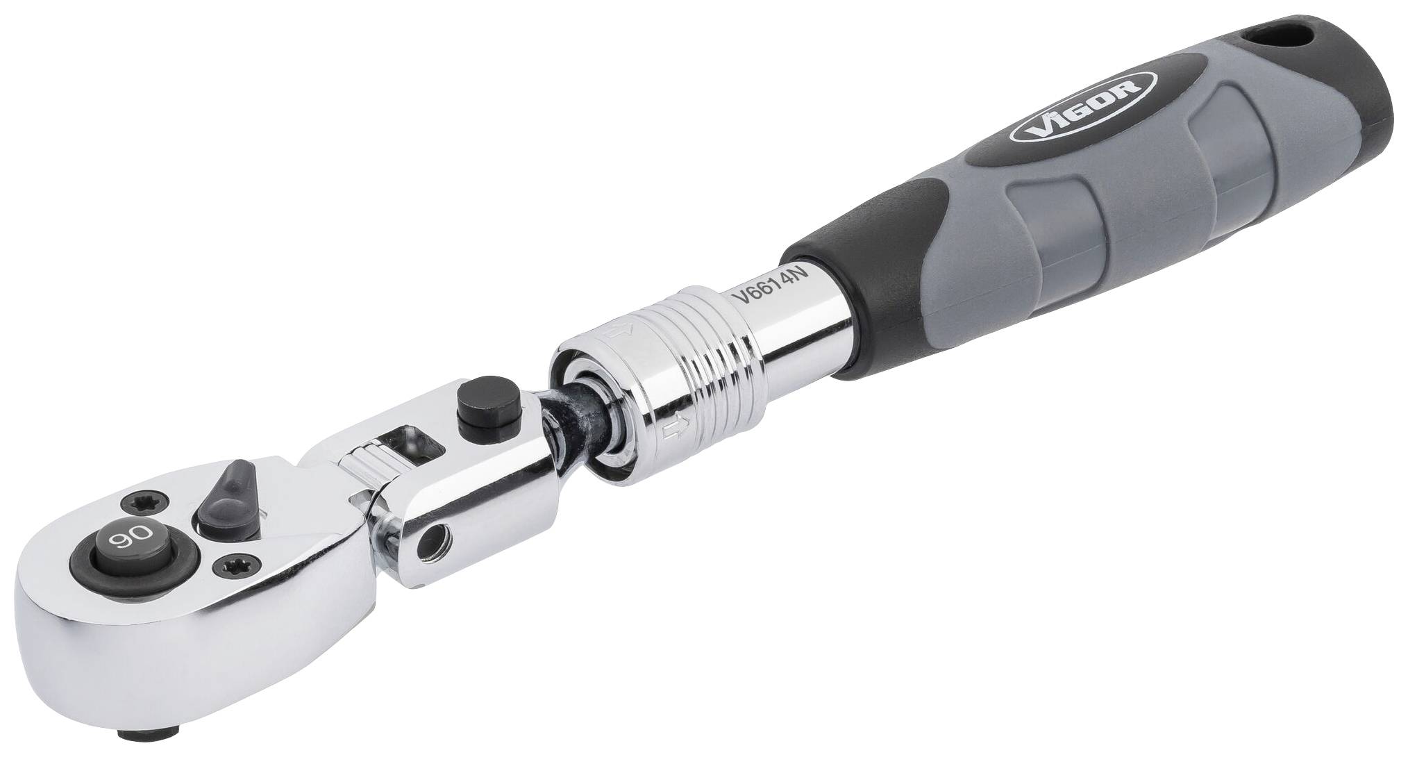 Ráčna s ergonomickou rukojetí, stříbrno-černý design, na bílém pozadí.