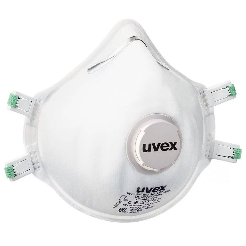 Respirátor s bílou textilní vrstvou a ventilem uprostřed, značky 'Uvex'. Design s nastavitelnými pásky a zeleným uzávěrem.