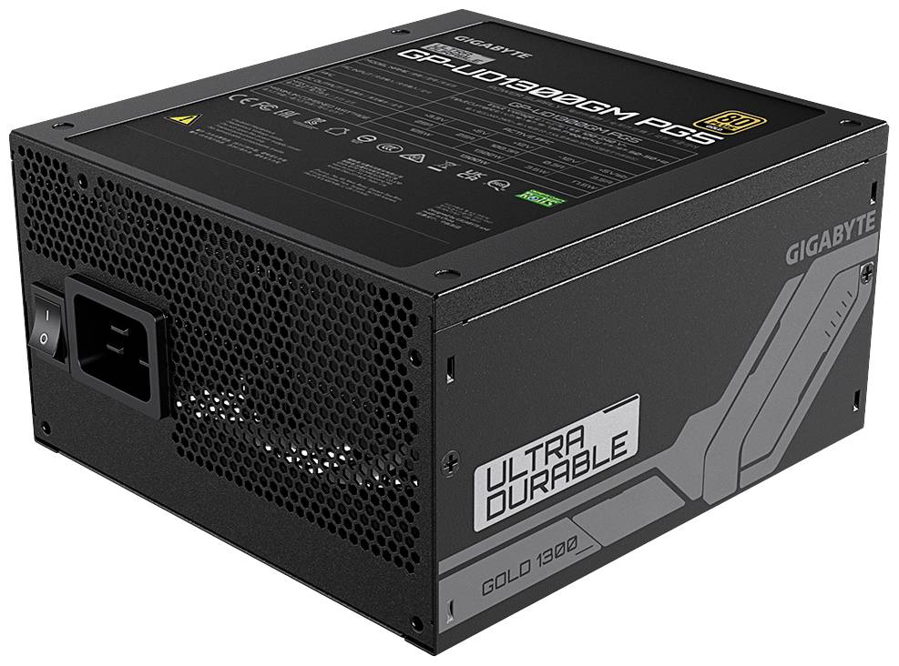 Černý síťový zdroj PC s nápisem 'Ultra Durable Gold 1300' od společnosti Gigabyte. Zobrazuje větrací otvory a síťový kabelový konektor.