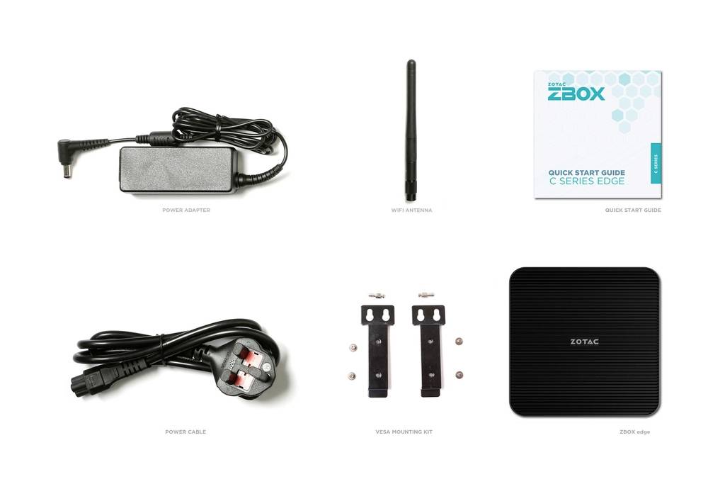 Napájecí zdroj, WiFi anténa, Quick start příručka, síťový kabel, VESA montážní sada a zařízení ZBOX zobrazené na bílém pozadí.