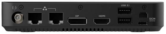 Zadní strana elektronického zařízení s přípojkami: dva ethernetové porty, DP, HDMI, dva USB 3.1 porty a jeden DCIN port.
