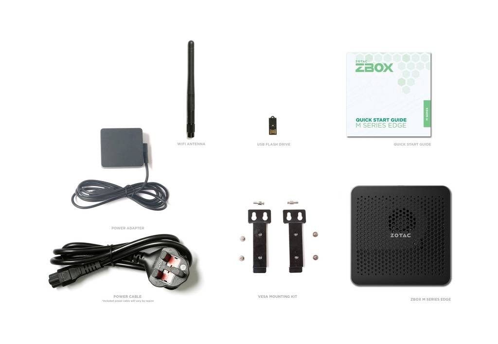 'Obsah balení ZBOX: WLAN anténa, USB flash disk, quick start příručka, napájecí adaptér, napájecí kabel, VESA montážní sada, zařízení ZOTAC.'