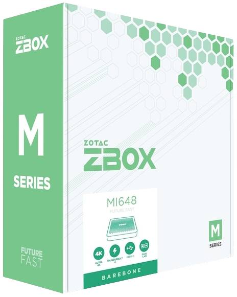 Kartonová krabice miniaturního počítače ZOTAC ZBOX z řady M. Tisk na obalu obsahuje: 'MI648', 'Future Fast', 4K HD, Wi-Fi a loga Intel Inside a HDMI.