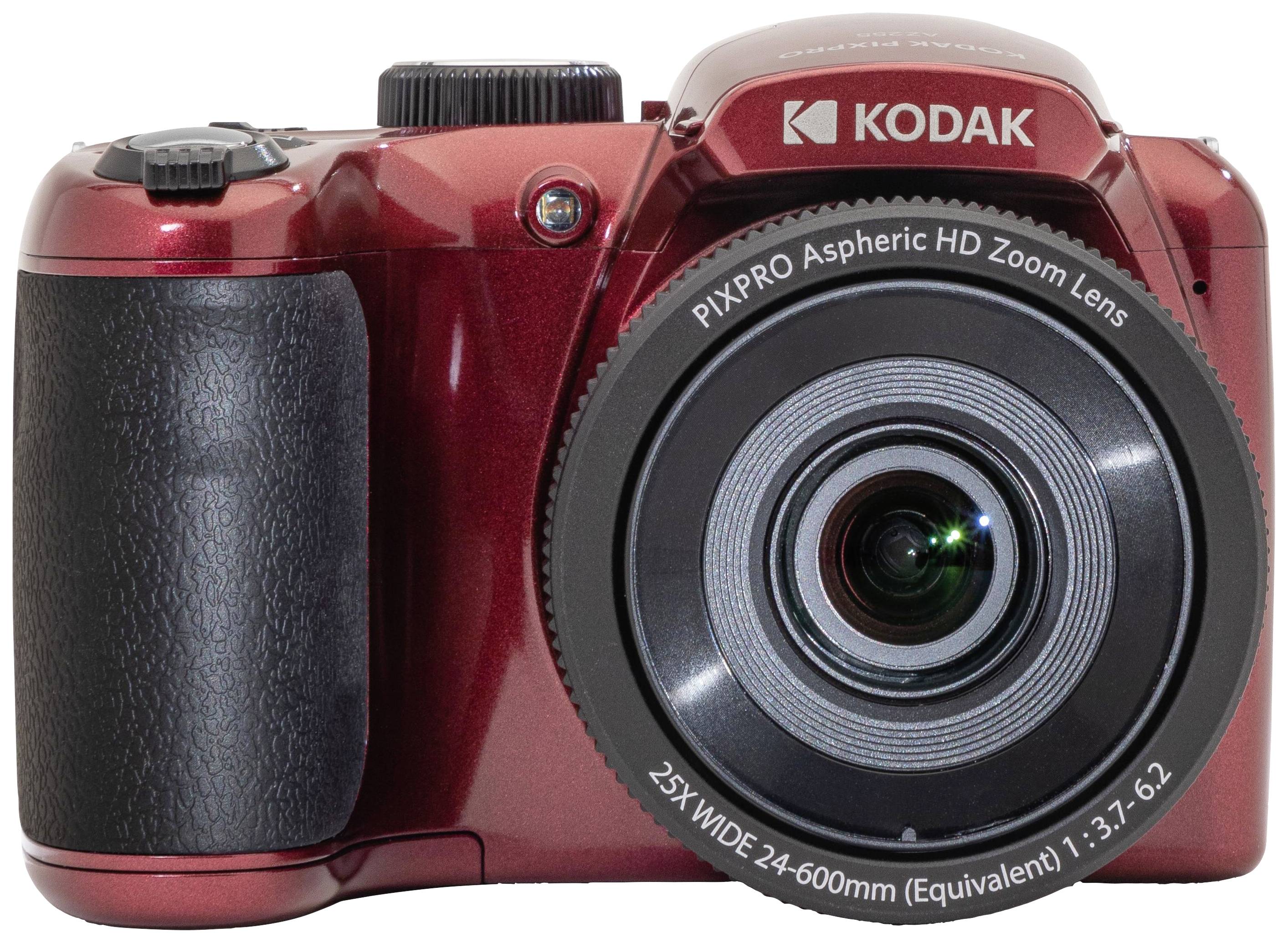 Červený digitální fotoaparát Kodak s velkým objektivem, zoomovým prstencem a spouští nahoře.