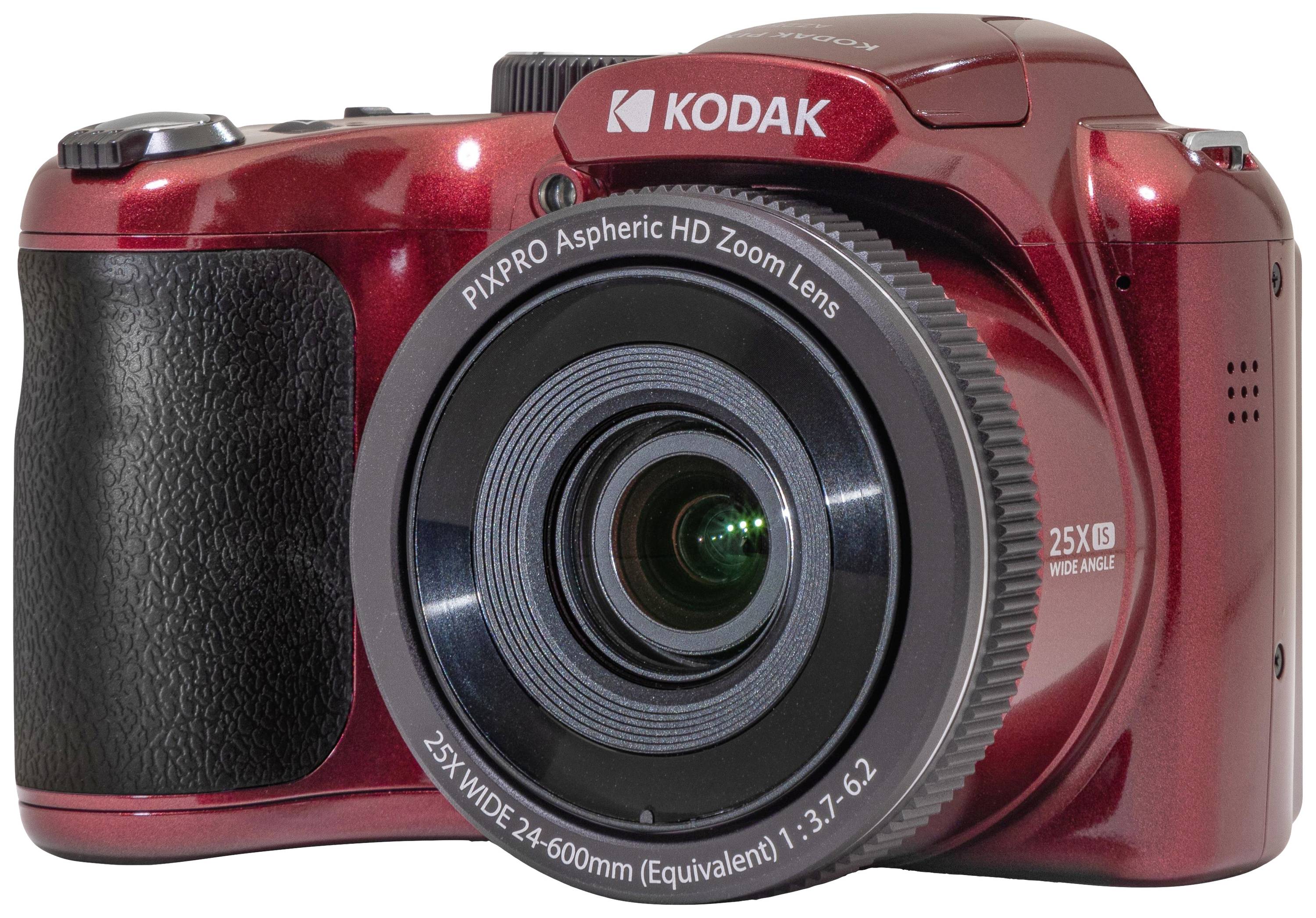 Červený digitální fotoaparát se zoomovým objektivem od Kodaku.
