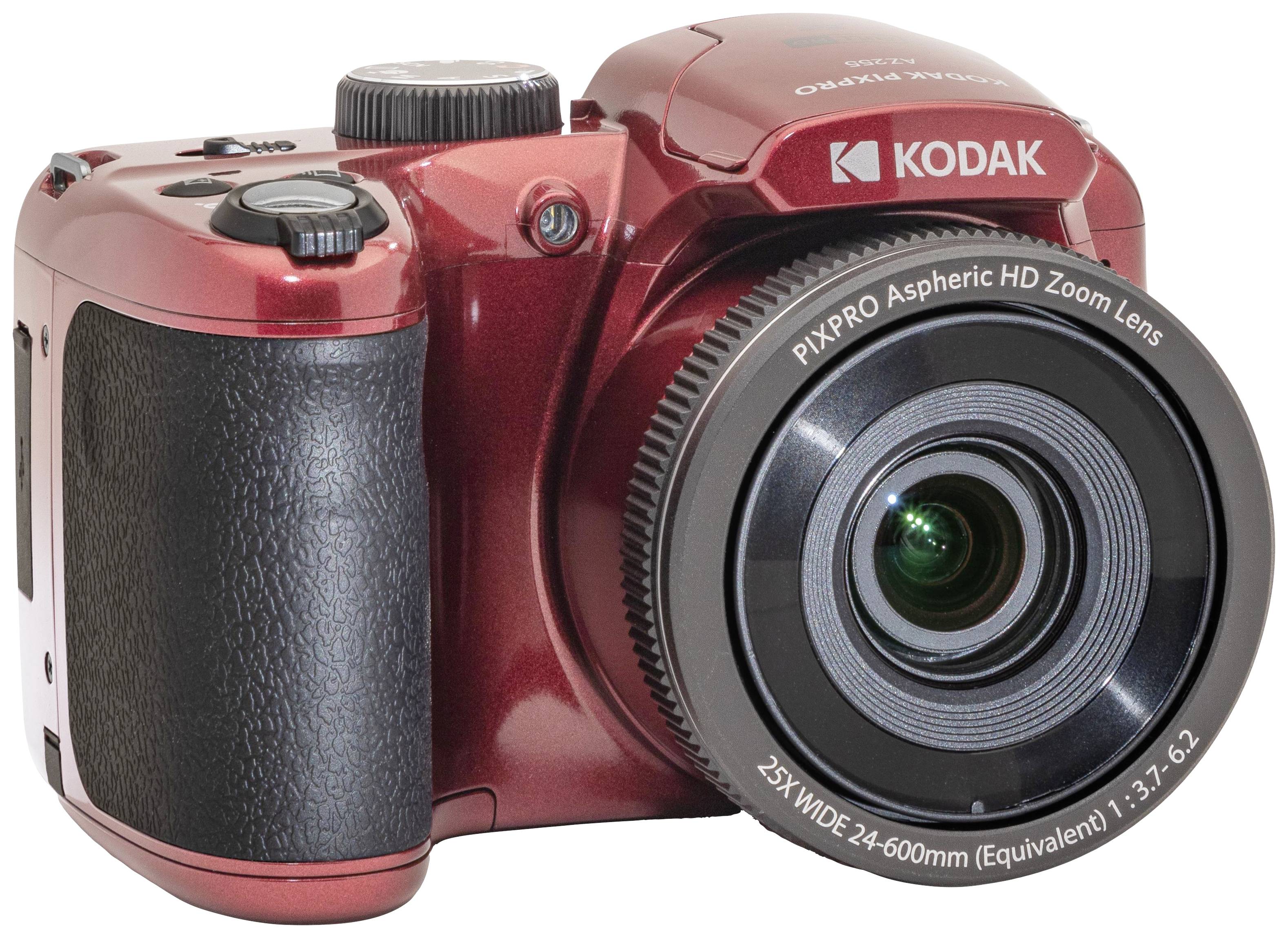 Červený digitální fotoaparát s velkým zoomovým objektivem a ergonomickou rukojetí.
