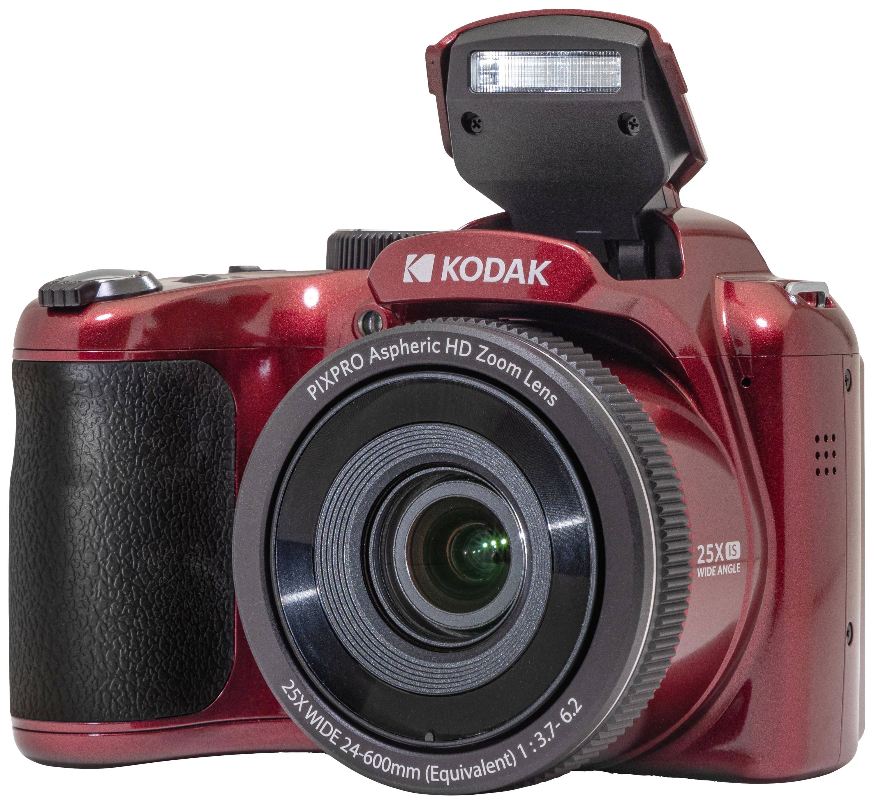 Červený digitální fotoaparát značky Kodak s otevřeným bleskem a zoomovým objektivem, focený zepředu; vhodný pro fotografické nadšence.