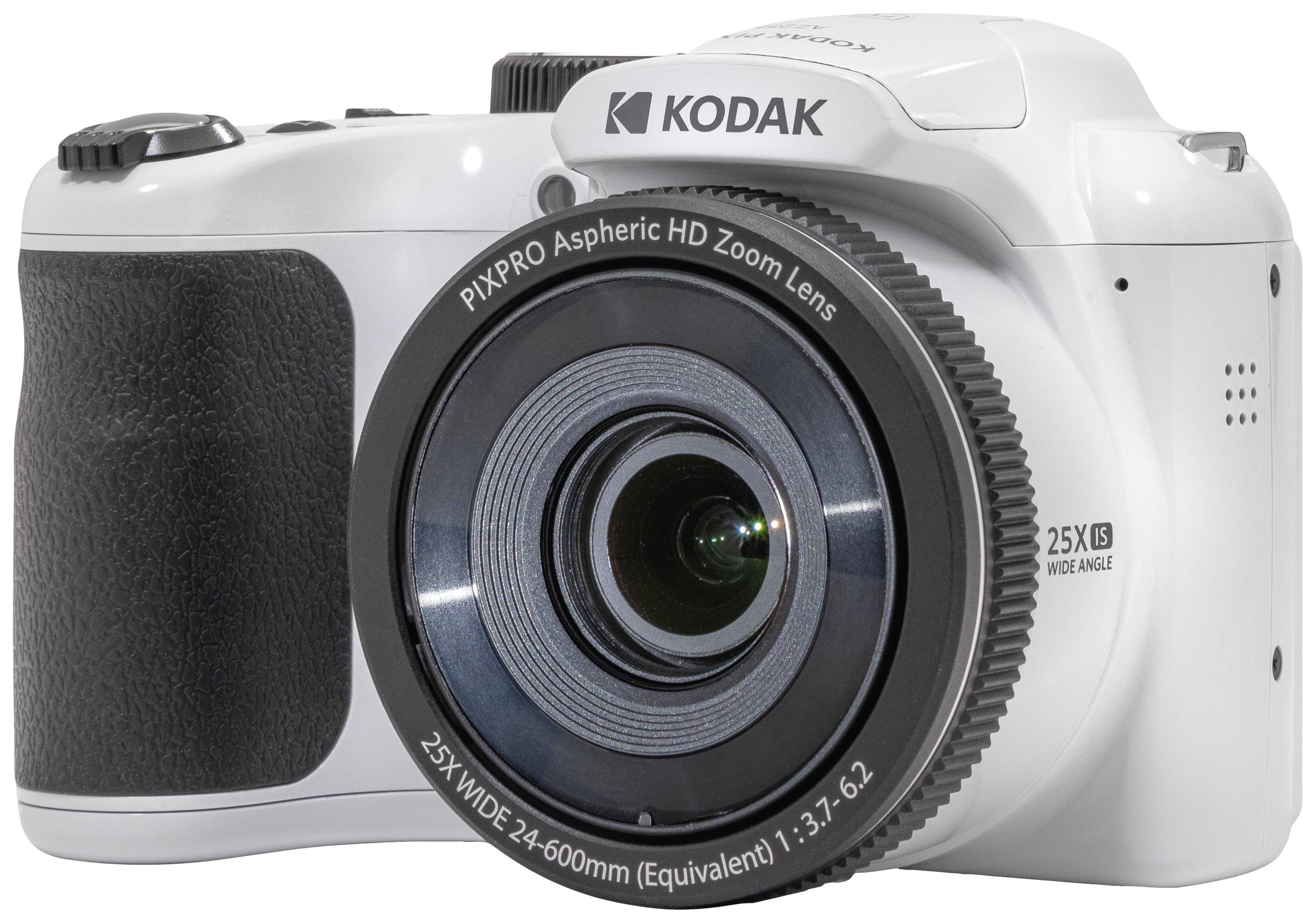 Bílý digitální fotoaparát značky Kodak s transfokačním objektivem, model PIXPRO.