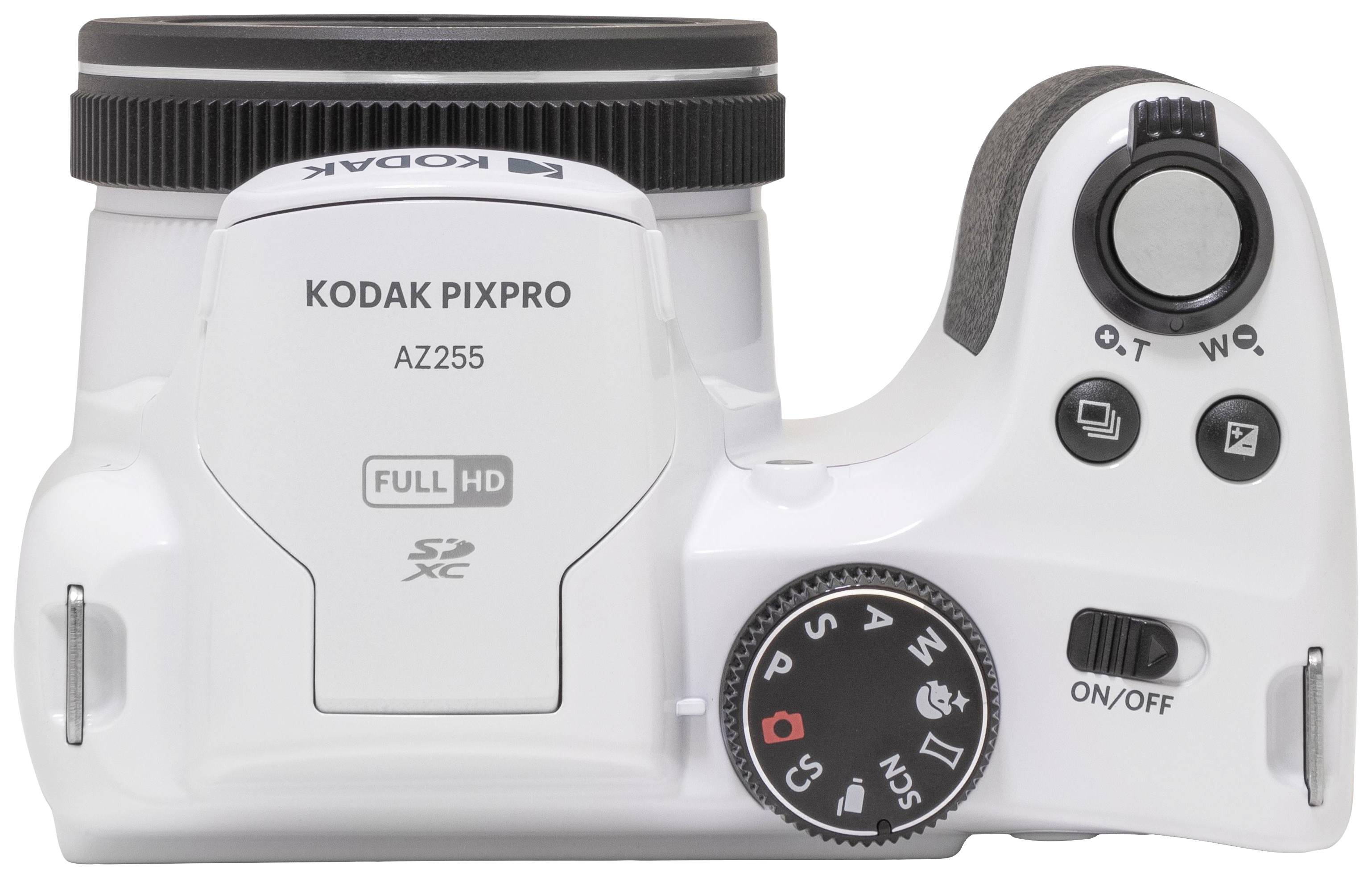 Horní strana digitálního fotoaparátu v bílé barvě s různými tlačítky a ovládacími prvky, včetně vypínače, ovladače zoomu a voliče režimů.
