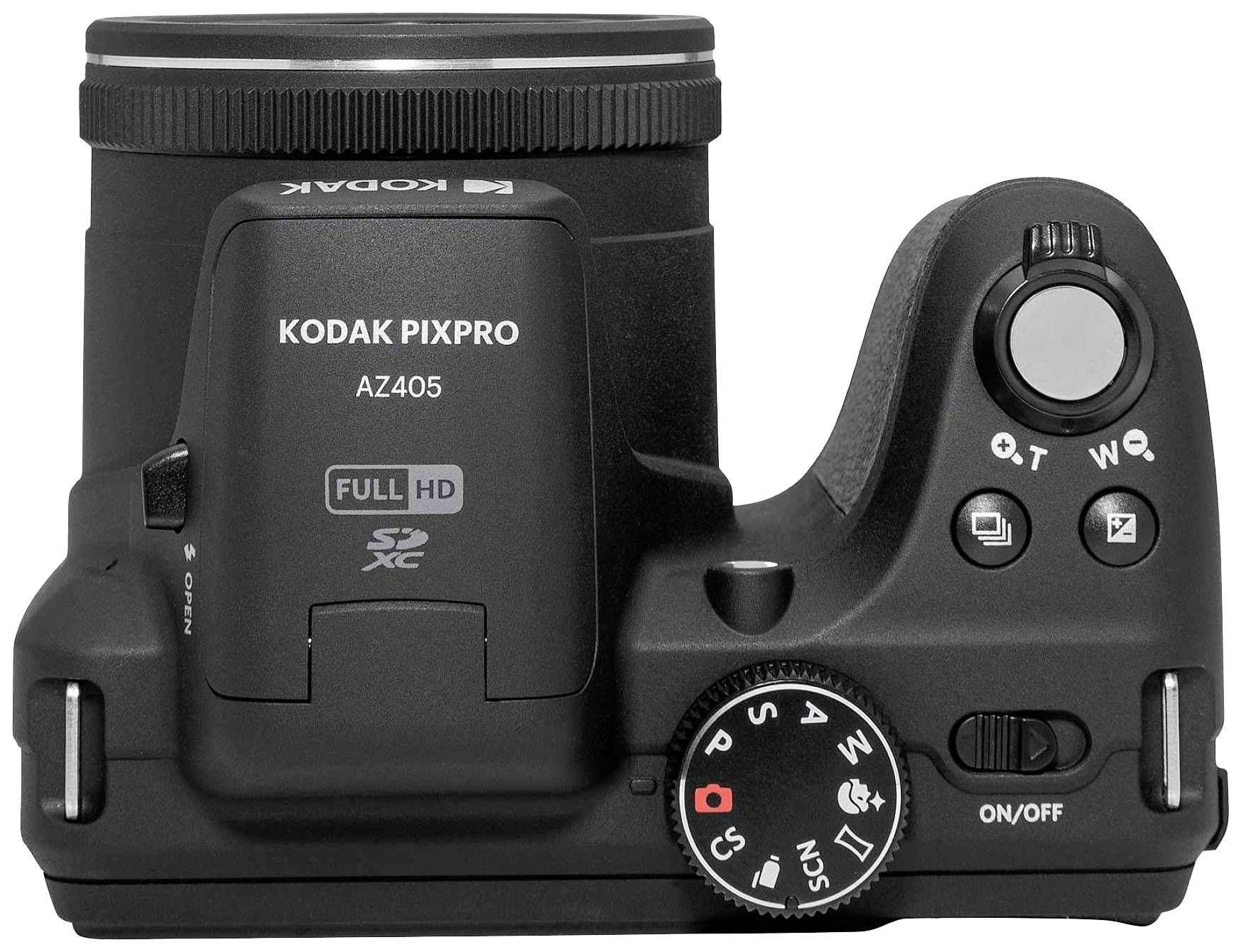 Digitální fotoaparát pohledem seshora s různými ovládacími prvky a otočným voličem režimů, model 'Kodak Pixpro AZ405'.