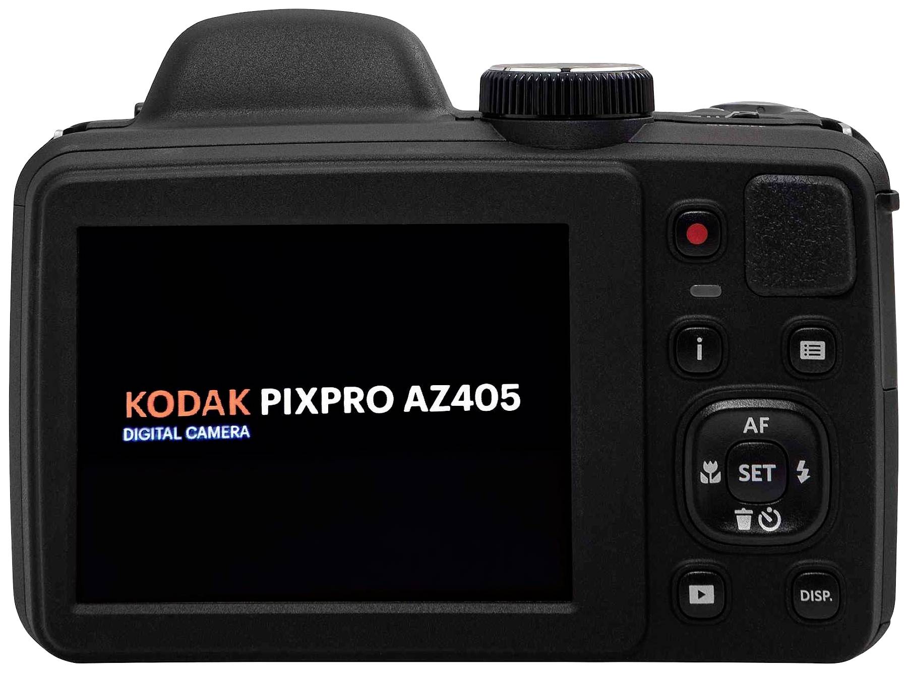 Digitální fotoaparát Kodak PIXPRO AZ405 zobrazený na displeji fotoaparátu. Detailní záběr zadní strany s ovládacími tlačítky.