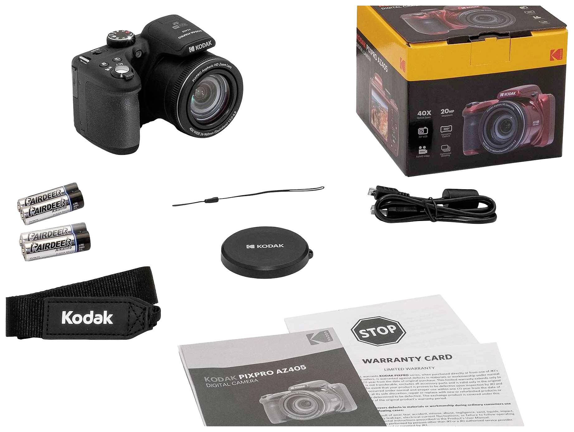 Fotografická sada obsahující fotoaparát Kodak, dvě AA baterie, popruh, krytku objektivu, datový kabel, záruční list a obal.