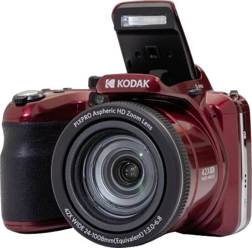 Červený digitální fotoaparát s vysunutým bleskem a zoomovým objektivem, značka 'Kodak PIXPRO AZ421'.