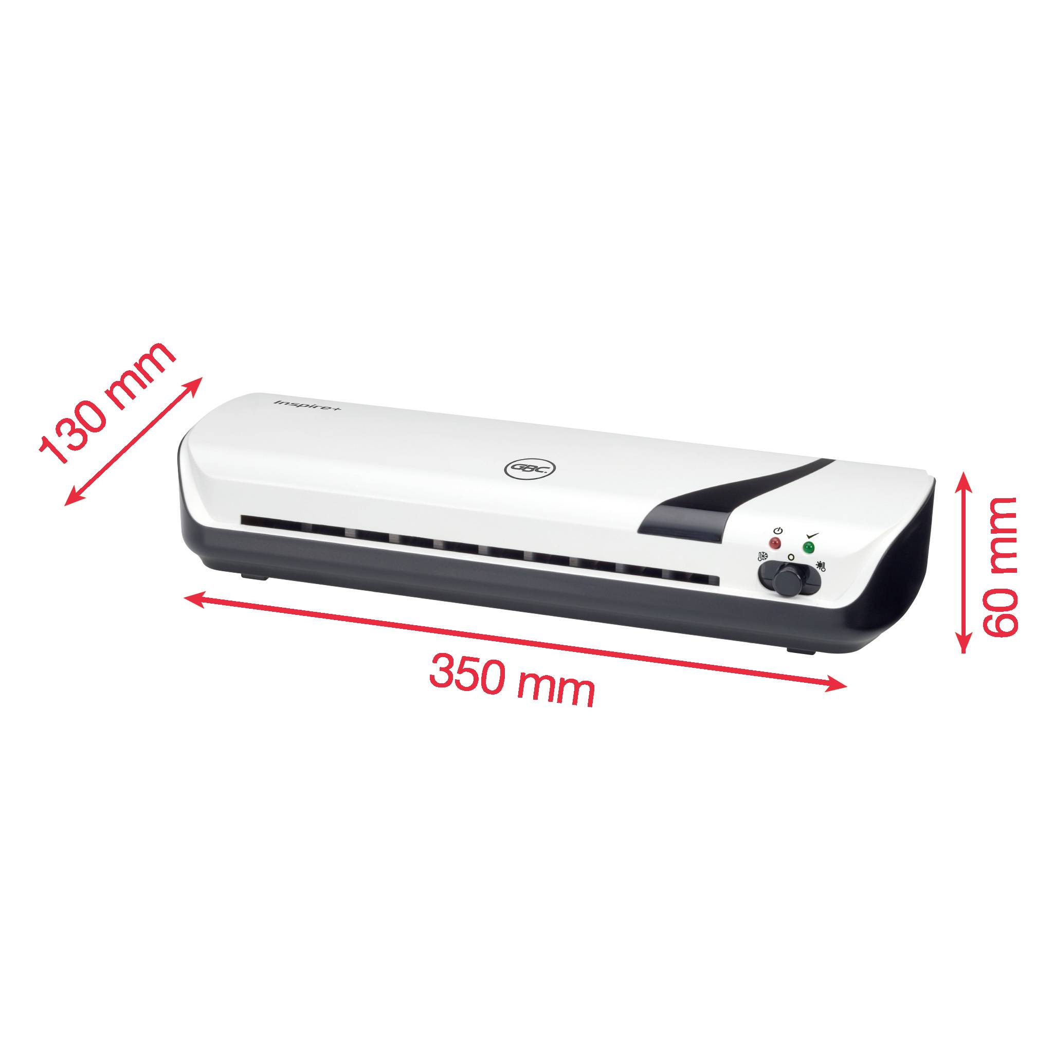 Černobílý laminátor s rozměry 350 mm (šířka), 130 mm (hloubka) a 60 mm (výška). Na horní straně se nacházejí ovládací tlačítka.