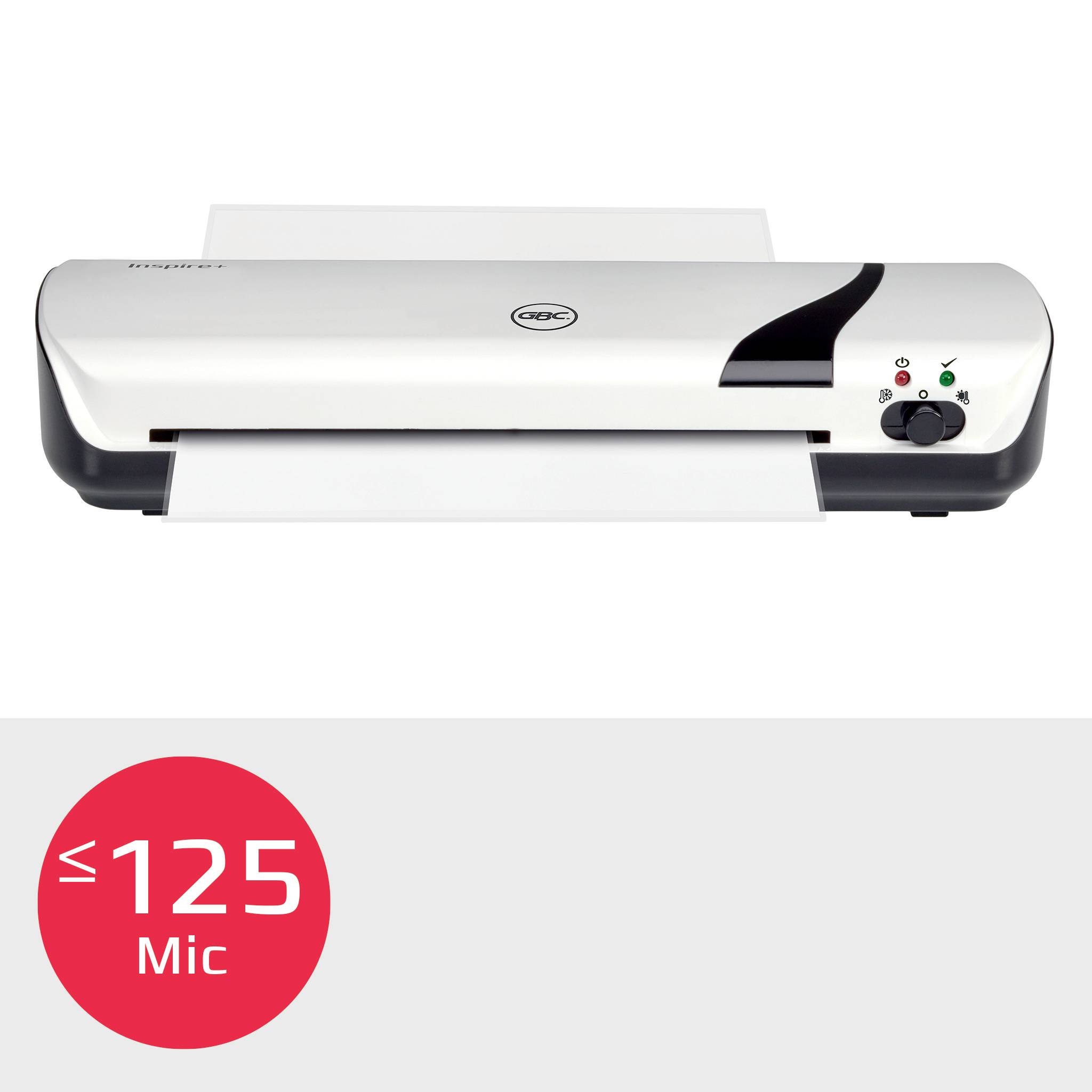 Bílý laminátor ve formátu A4 s ovládacími prvky včetně síťového vypínače a zelené provozní kontrolky.