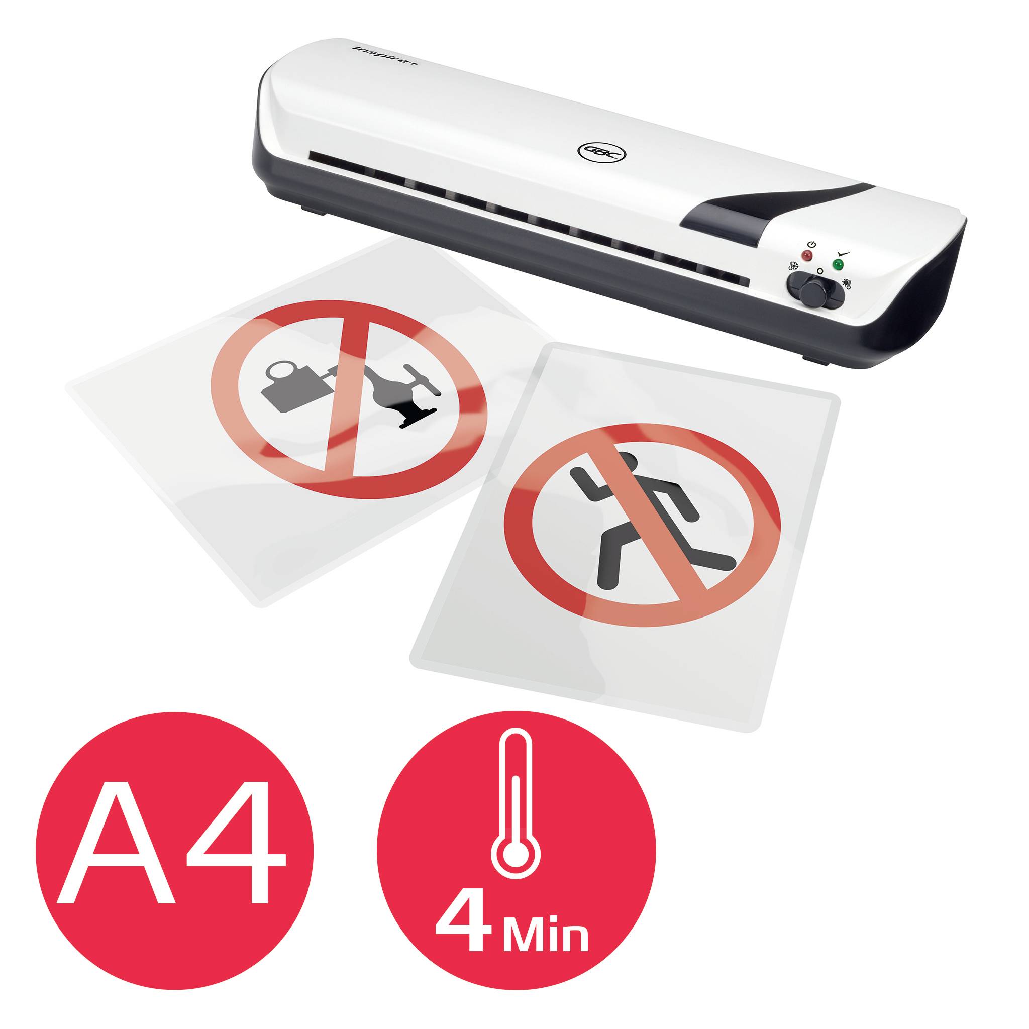 Laminátor formátu A4 se dvěma zalaminovanými listy s výstražnými značkami. Na displeji je zobrazeno: 'A4', '4 Min' pro dobu zahřívání.