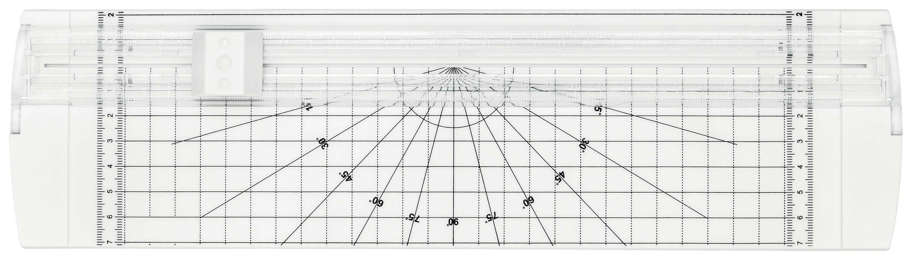 Průhledný geodetický trojúhelník s úhlovou stupnicí a rastrovými čarami pro měření úhlů a kreslení geometrických tvarů.