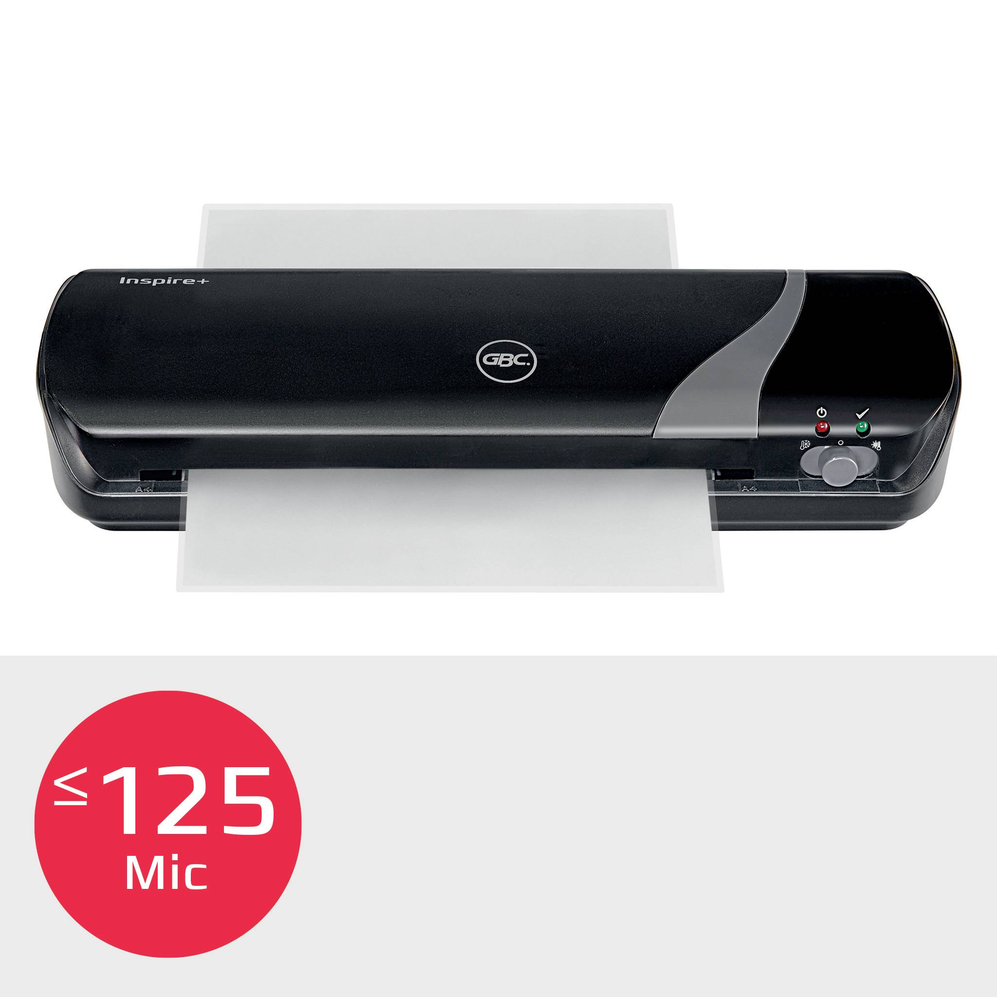 Černý laminovací stroj, který laminuje jeden list. Popis dole s '≤ 125 Mic'. Nezbytný pro kancelářské potřeby.