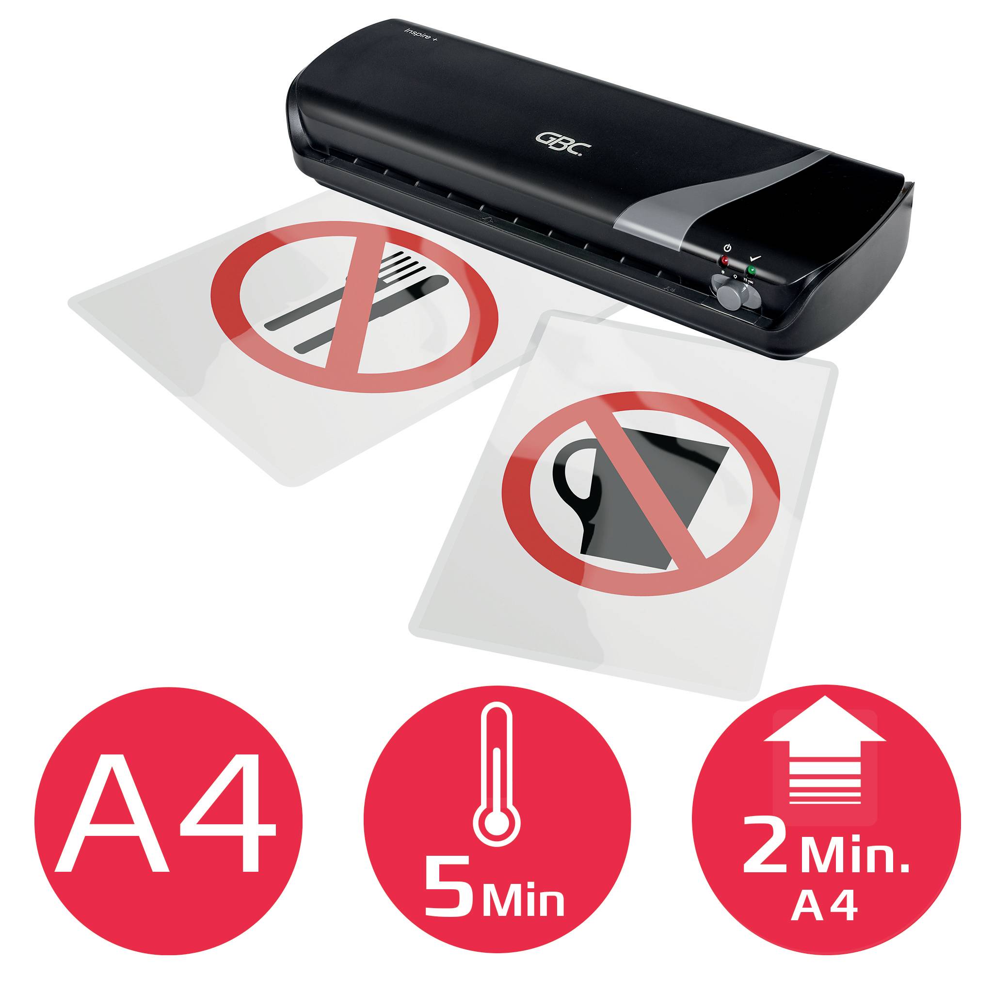 Laminátor s symboly 'Žádné příbory', 'Žádné horké tekutiny', vhodný pro formát A4, doba zahřívání 5 minut, laminování trvá 2 minuty.