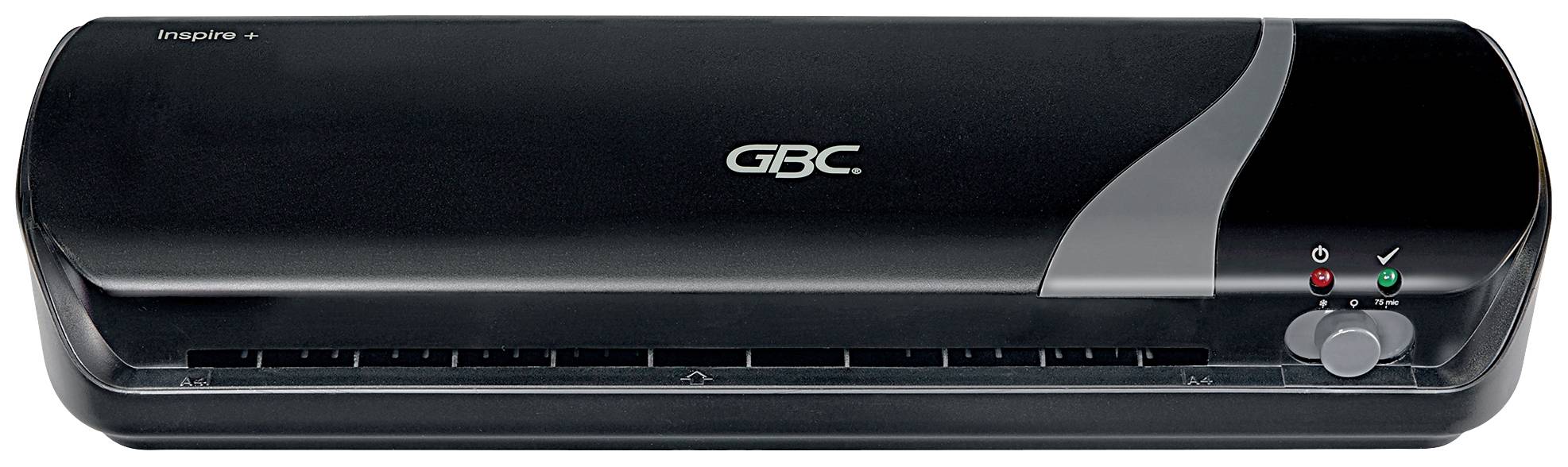 Černý laminátor značky GBC, model Inspire+, se dvěma kontrolkami a ovládacím kolečkem.