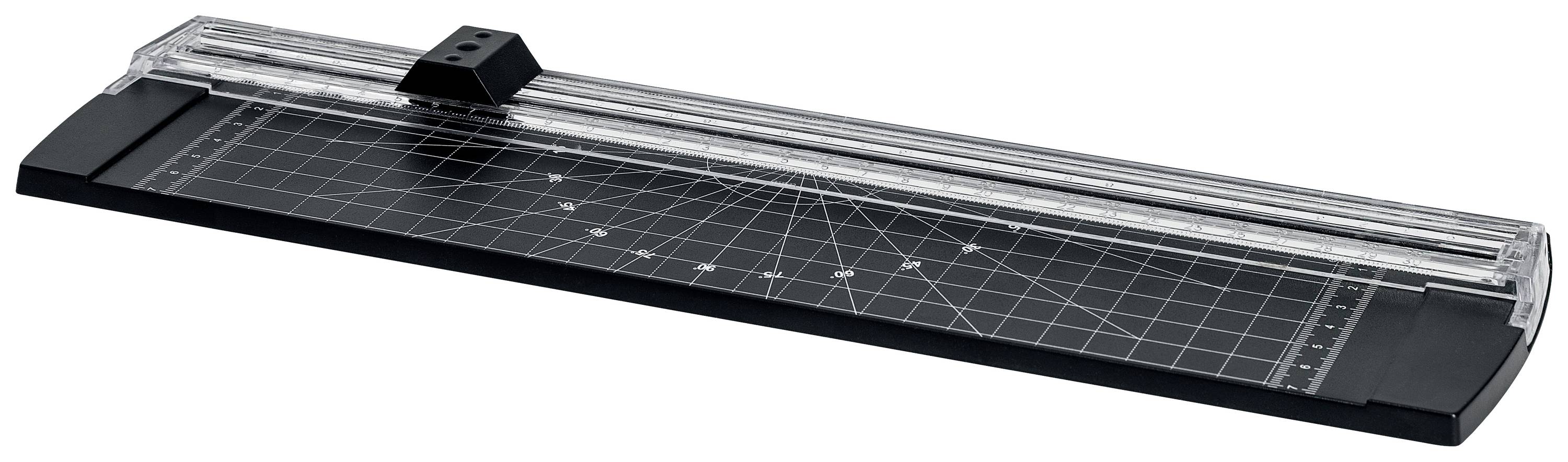 Černá papírová řezačka s mřížkovým vzorem na řezací ploše. Horní průhledná lišta s řezacím mechanismem.