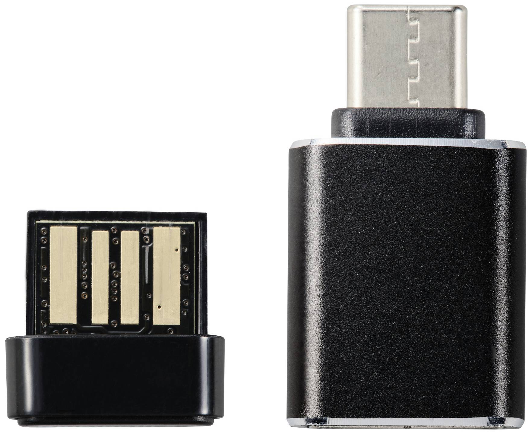 USB-C na USB-A adaptér v černé barvě, zobrazení přední a zadní strany. Přeměňuje USB-C port na USB-A, ideální pro připojení zařízení.