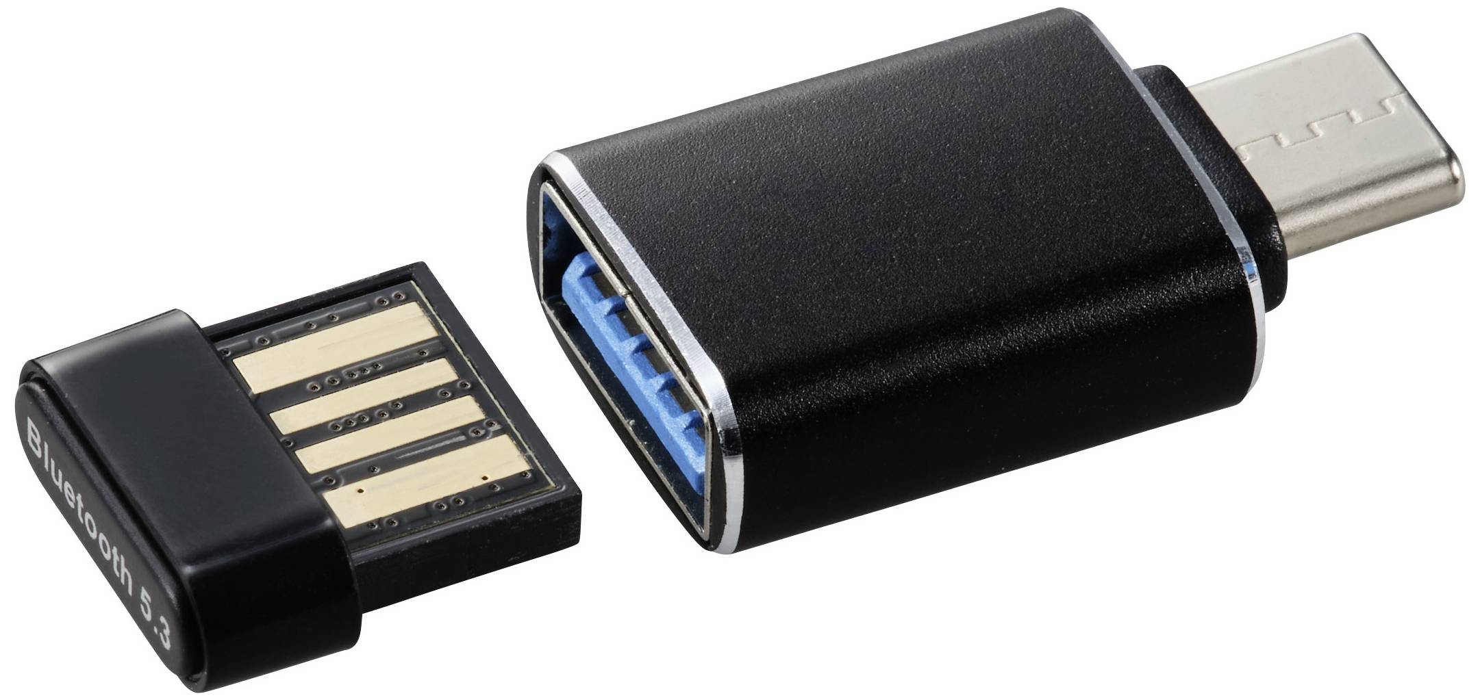 USB adaptér s USB-C a USB-A porty vedle sebe, černé tělo, přenosný design.