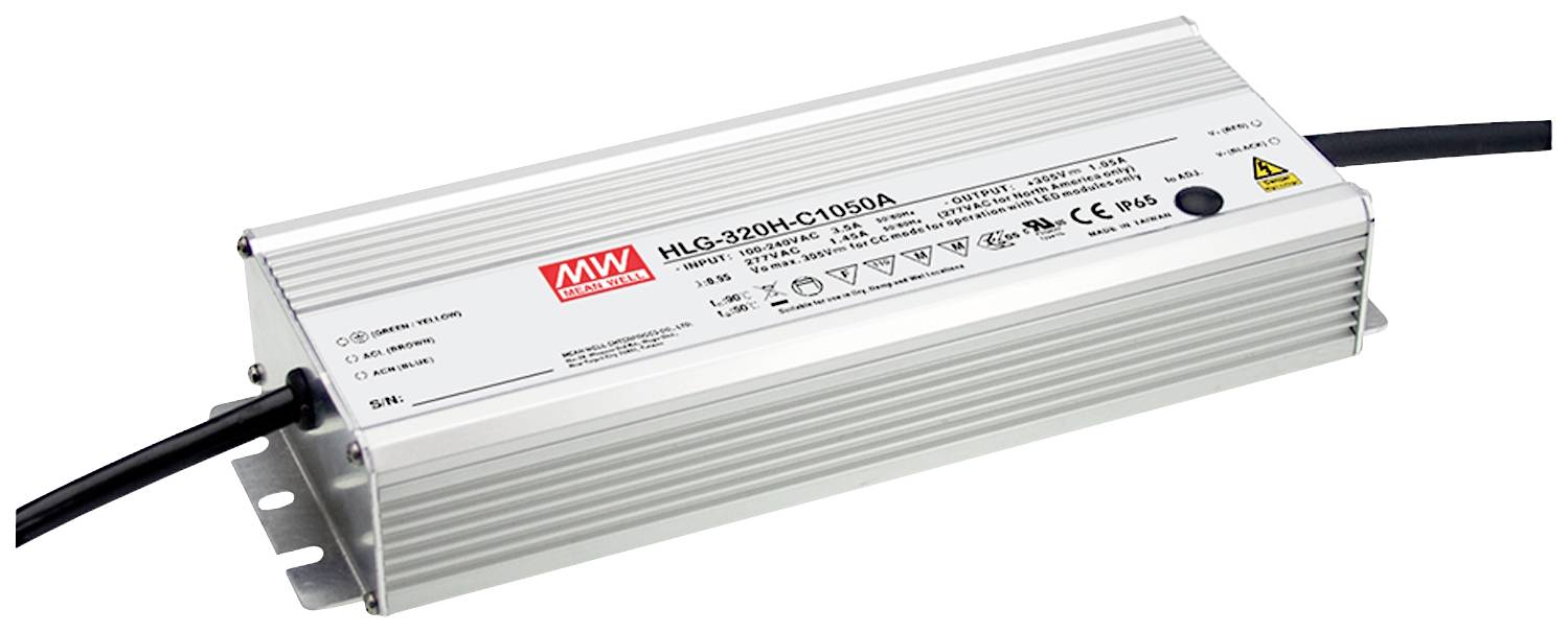 Stříbrný, obdélníkový napájecí zdroj od společnosti Mean Well, model HLG-320H-C1050A, určený pro LED aplikace, s kabely na obou stranách.