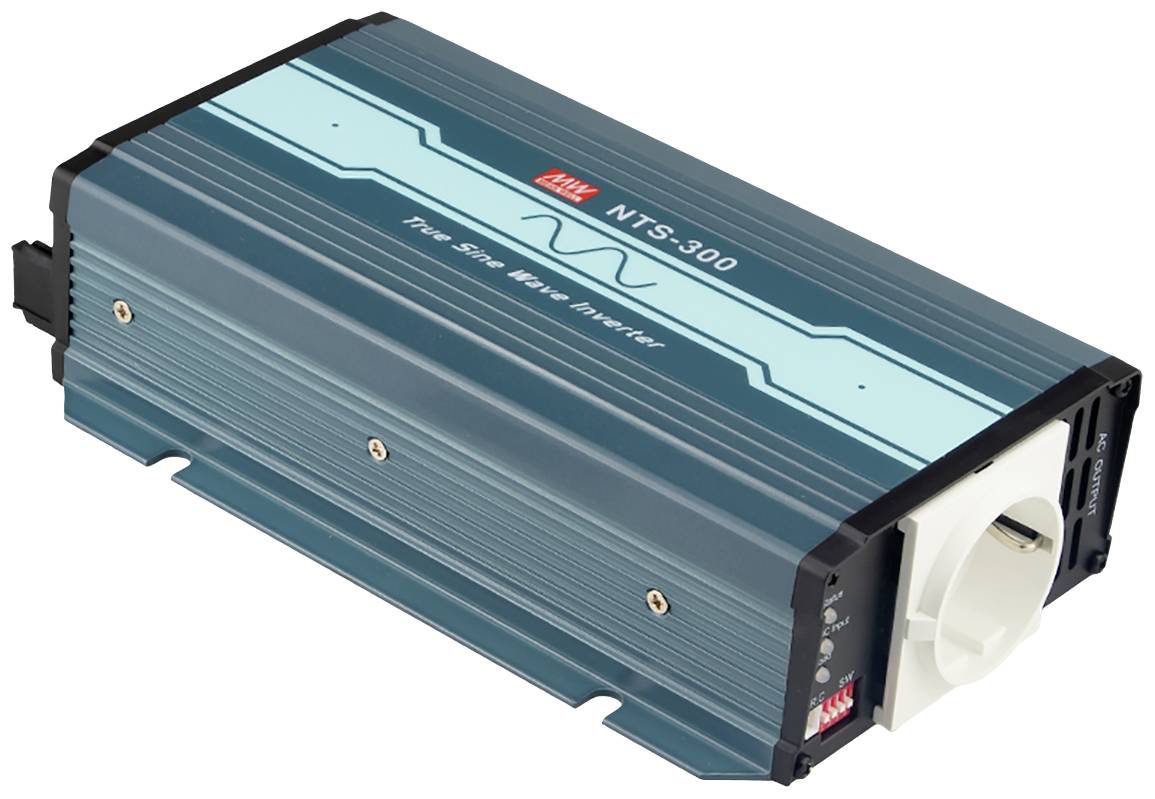 Modrý měnič s nápisem 'True Sine Wave Inverter' na horní straně, zásuvkové připojení vpravo.