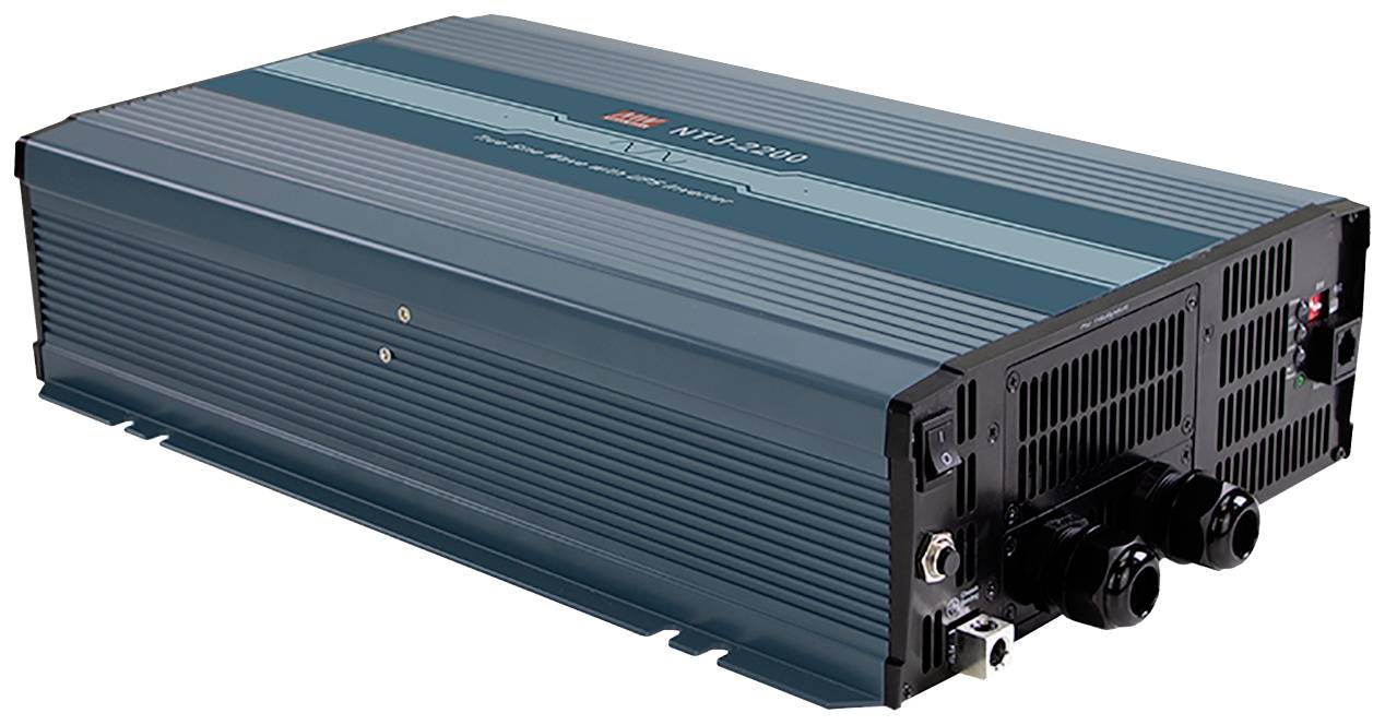 Modrý elektrický měnič napětí s několika svorkami na přední straně, používaný pro přeměnu stejnosměrného proudu na střídavý.