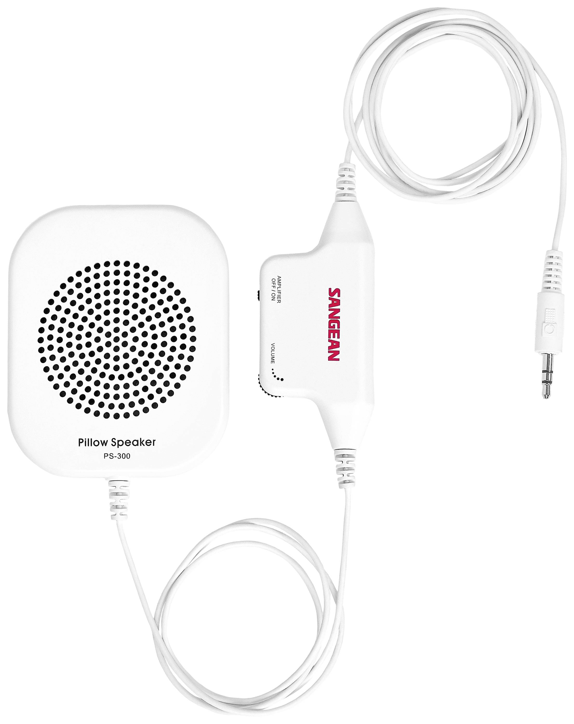 Bílý reproduktor ve tvaru polštáře s kabelem a 3,5mm jack konektorem, vhodný pro připojení k audio zařízením.