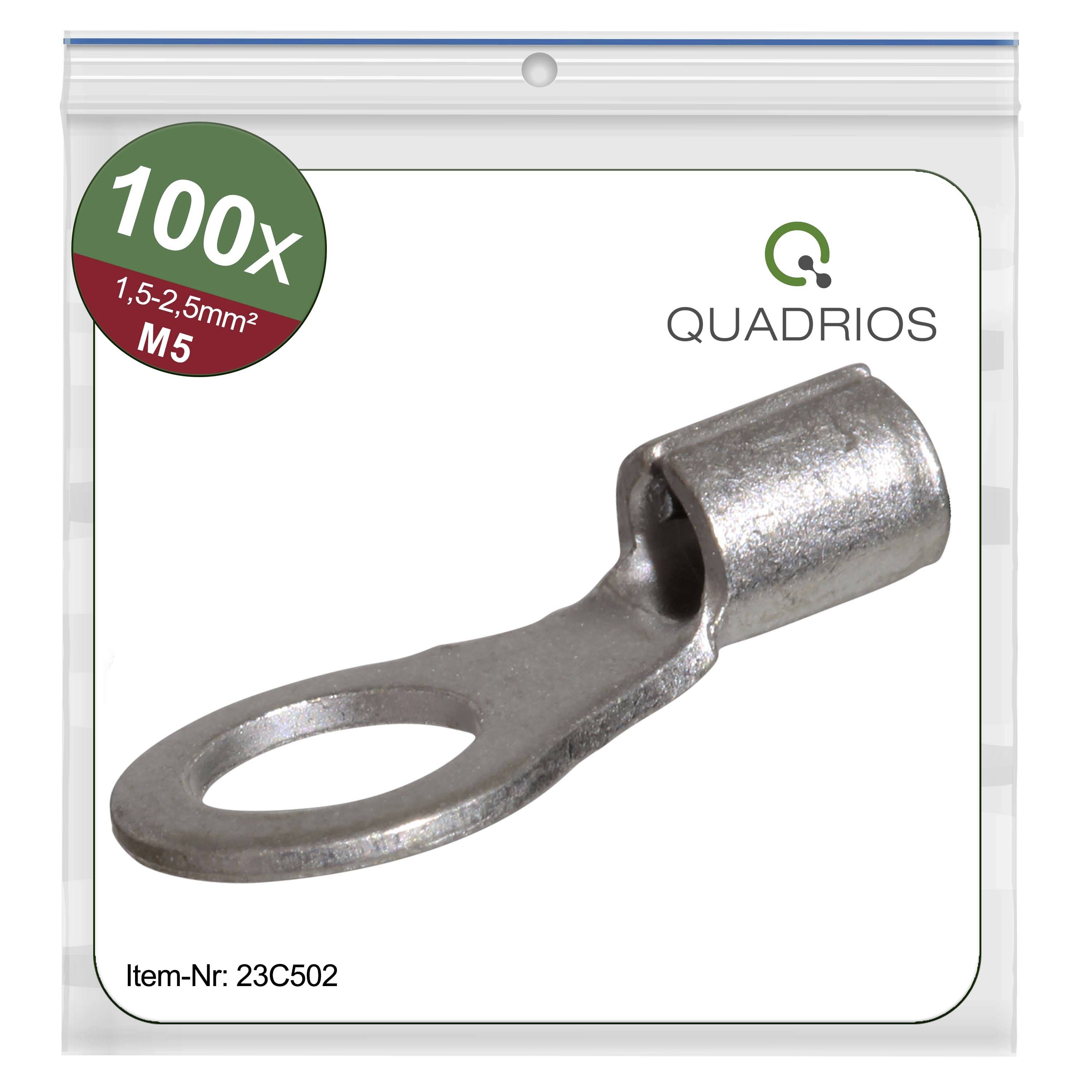 100x kabelová oka, 1,5-2,5 mm², M5. Značka: Quadrios. Katalogové číslo: 23C502. <br>Obrázek kovového kabelového oka v průhledném obalu.